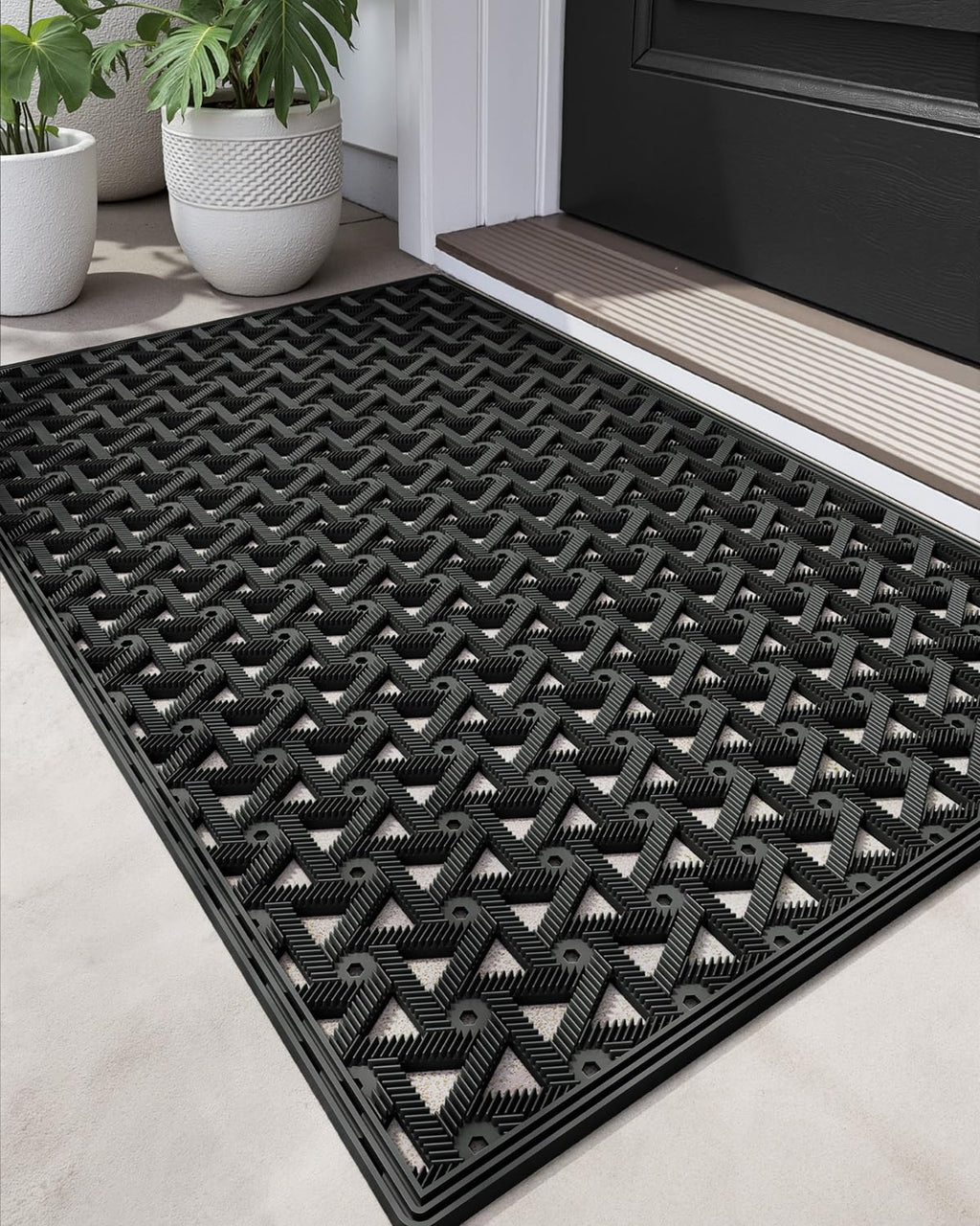 DEXI Front Door Mat Outside Entrance Rubber 19x30, Welcome Floor Doormat Heavy Duty Non Slip, Dirt Trapper Waterproof Exterior Entry Mats All Weather for Patio Entryway Drainage, Black