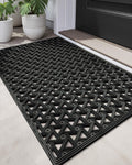DEXI Front Door Mat Outside Entrance Rubber 19x30, Welcome Floor Doormat Heavy Duty Non Slip, Dirt Trapper Waterproof Exterior Entry Mats All Weather for Patio Entryway Drainage, Black