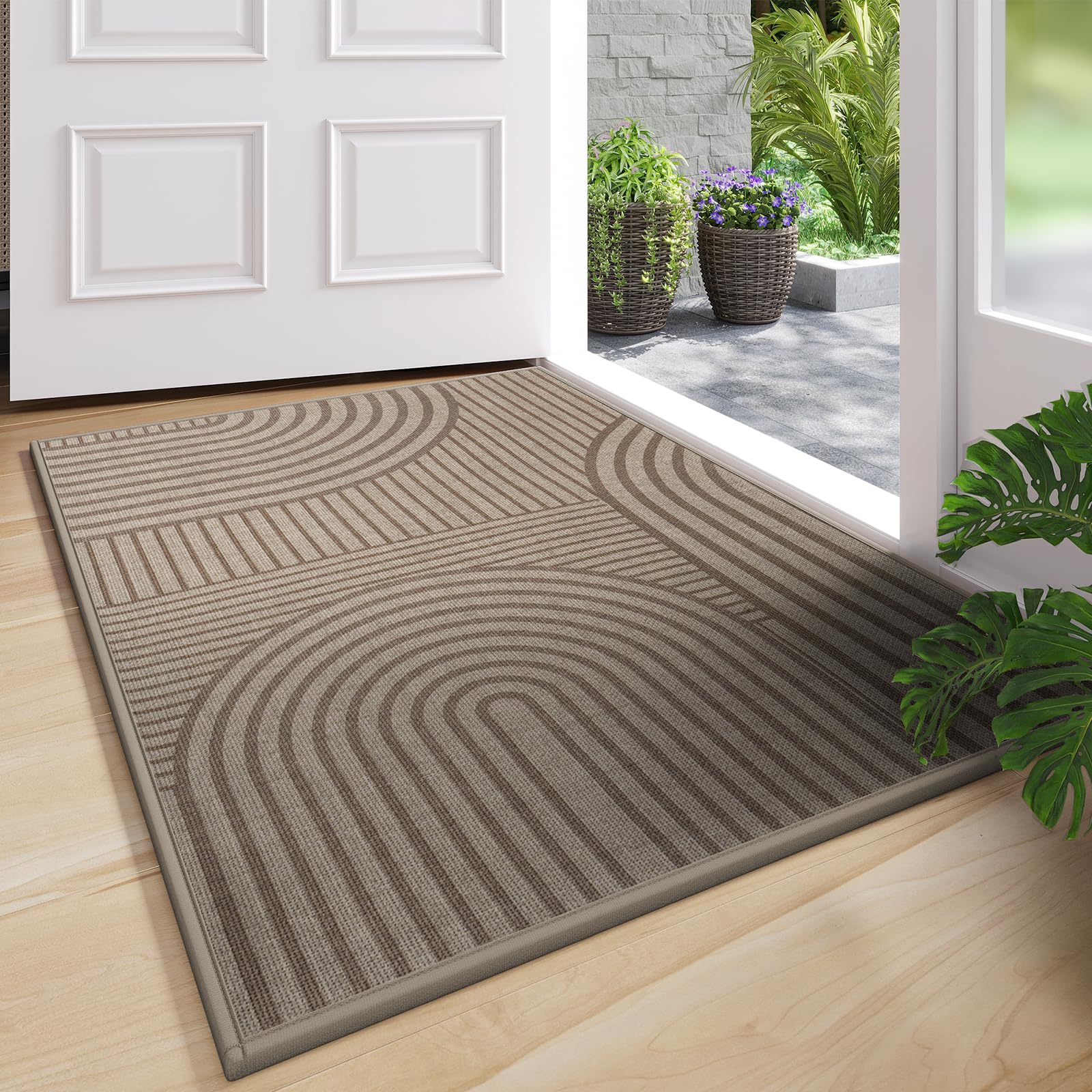 Front Door Mat 17''x30'', Absorbent Dirt Resist Washable Non Slip Low-Profile Indoor Doormat, Easy Clean Welcome Entryway Door Mats, Brown