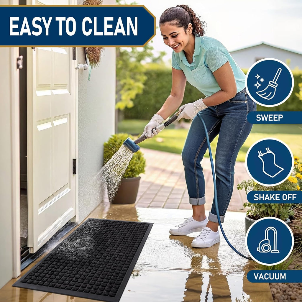 Smiry Front Door Mat Outside Entrance, Heavy Duty Natural Rubber Doormat, Non Slip, Trap Dirt and Moisture, Easy Clean, Low Profile Welcome Floor Mats for Indoor Outdoor Entry, 29.5x17 Inch, Black
