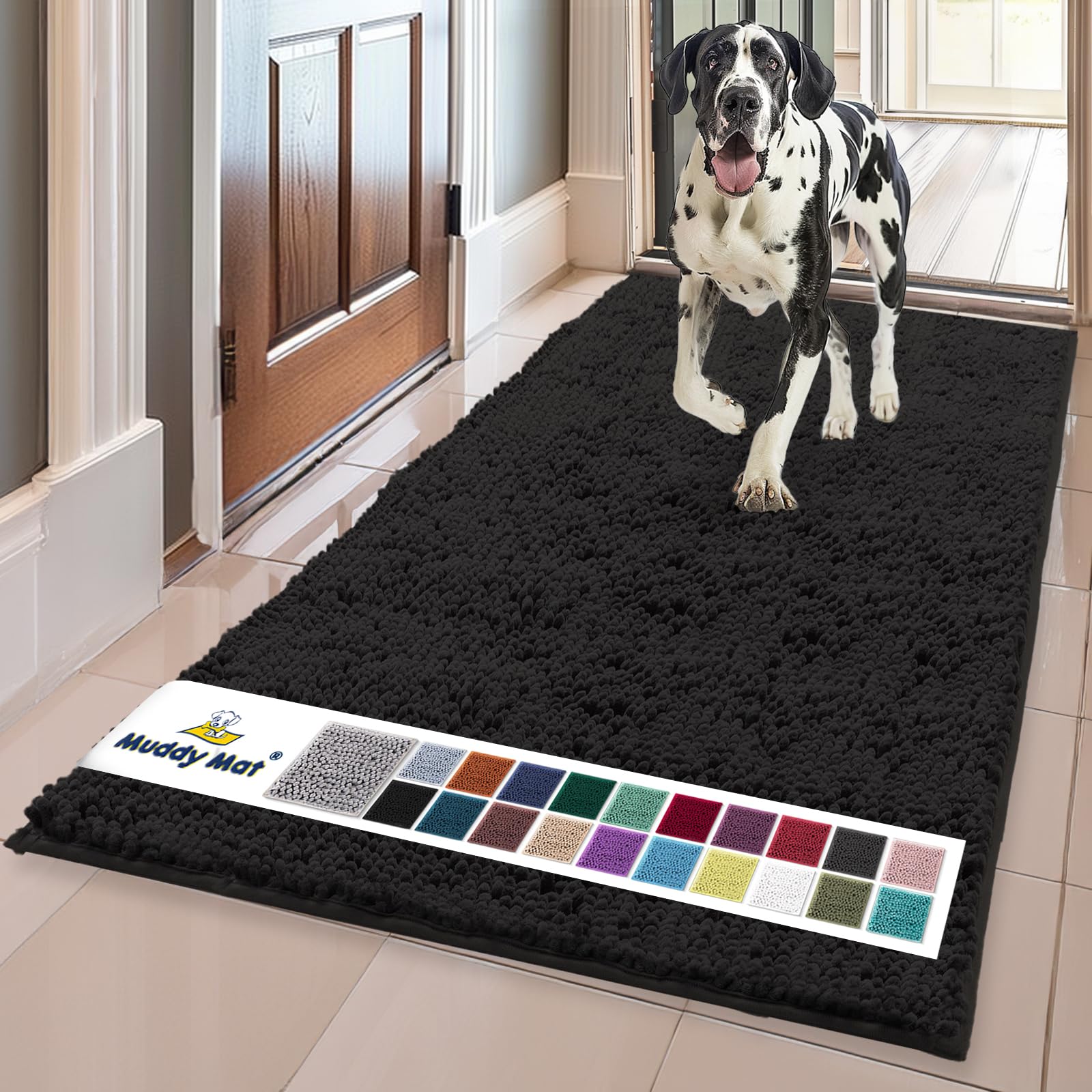Muddy Mat® | Super Absorbent Door Mat Indoor, Microfiber Quick Dry Chenille Entryway Rug, Non-Slip Front Door Mat, Indoor Mats for Entryway, Machine Washable Pet Rug, Black 30"x19"