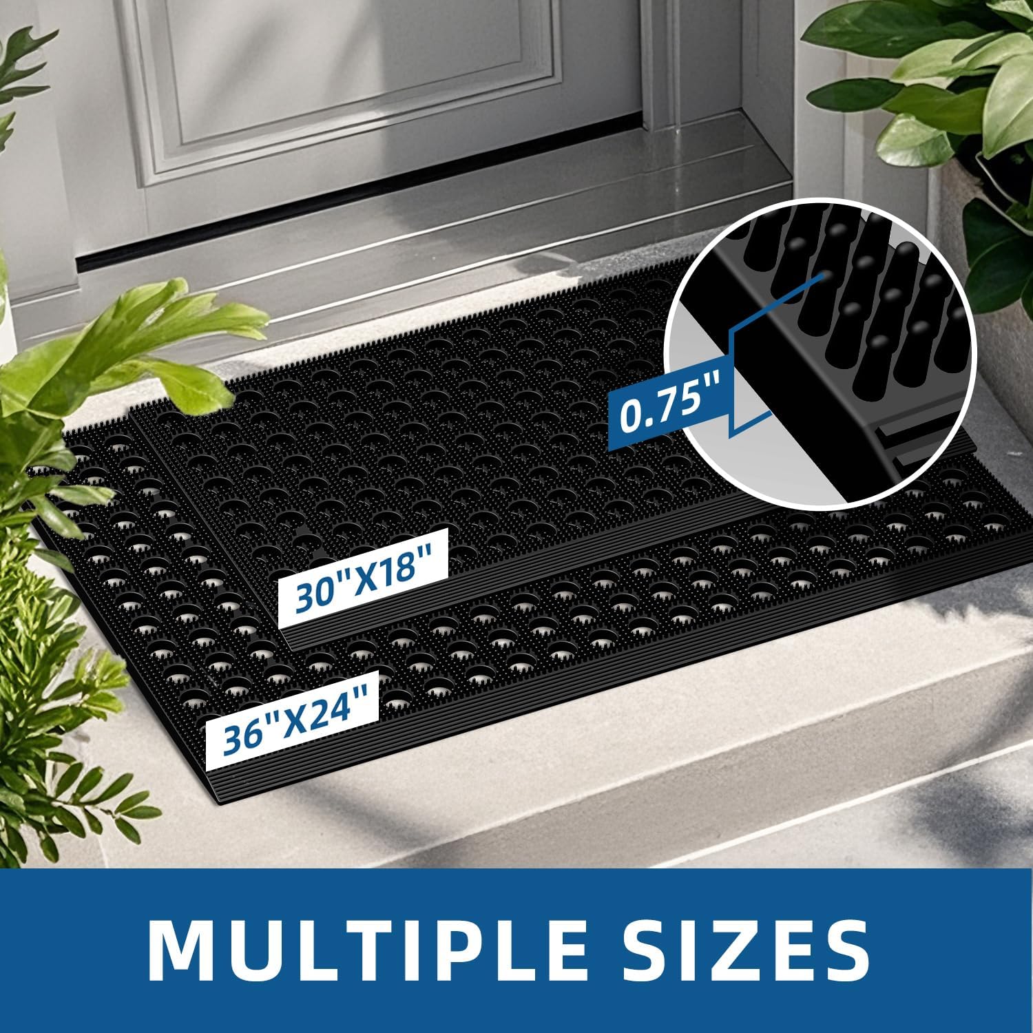 Mibao Front Door Mat Outside Entrance, Heavy Duty Welcome Rubber Doormat Waterproof, All Weather Dirt Trapper Non-Slip Drainage Doormat, Entry Mat for Garage Home Pool Commercial, 17" x 29.5", Black