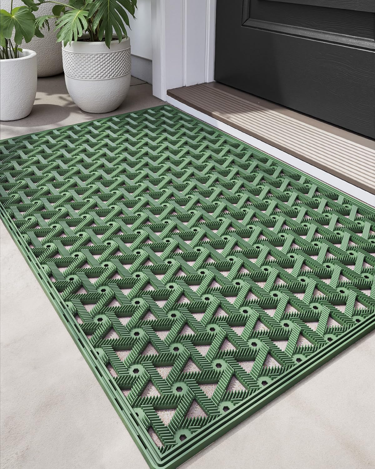 DEXI Front Door Mat Outside Entrance Rubber 19x30, Welcome Floor Doormat Heavy Duty Non Slip, Dirt Trapper Waterproof Exterior Entry Mats All Weather for Patio Entryway Drainage, Black
