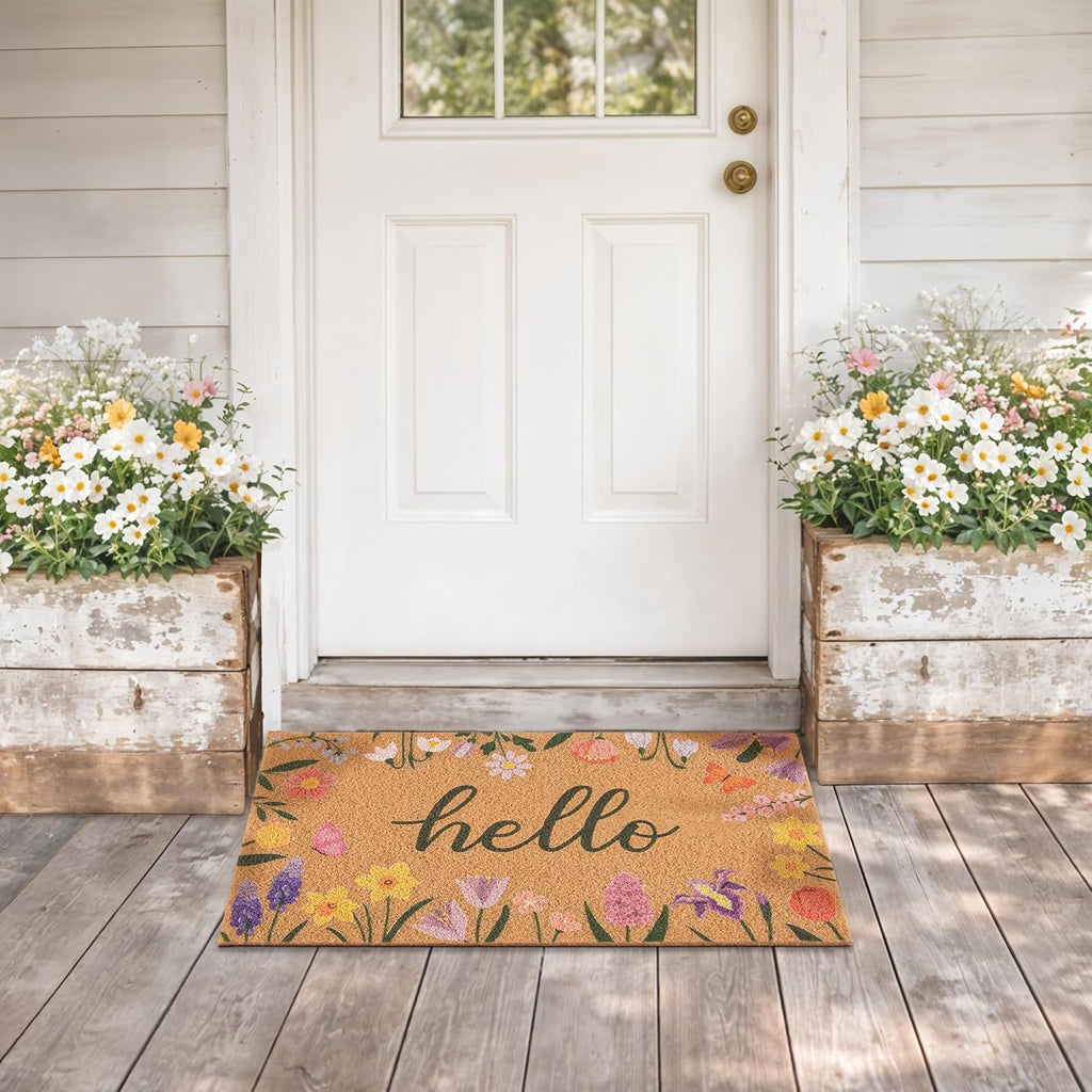 Spring Door Mat with Wildflowers Border, Outdoor Indoor Welcome Mat for Front Door, Spring Decor Floral Style for Porch, Patio or Entryway, 17" X 29.5" (Hello)