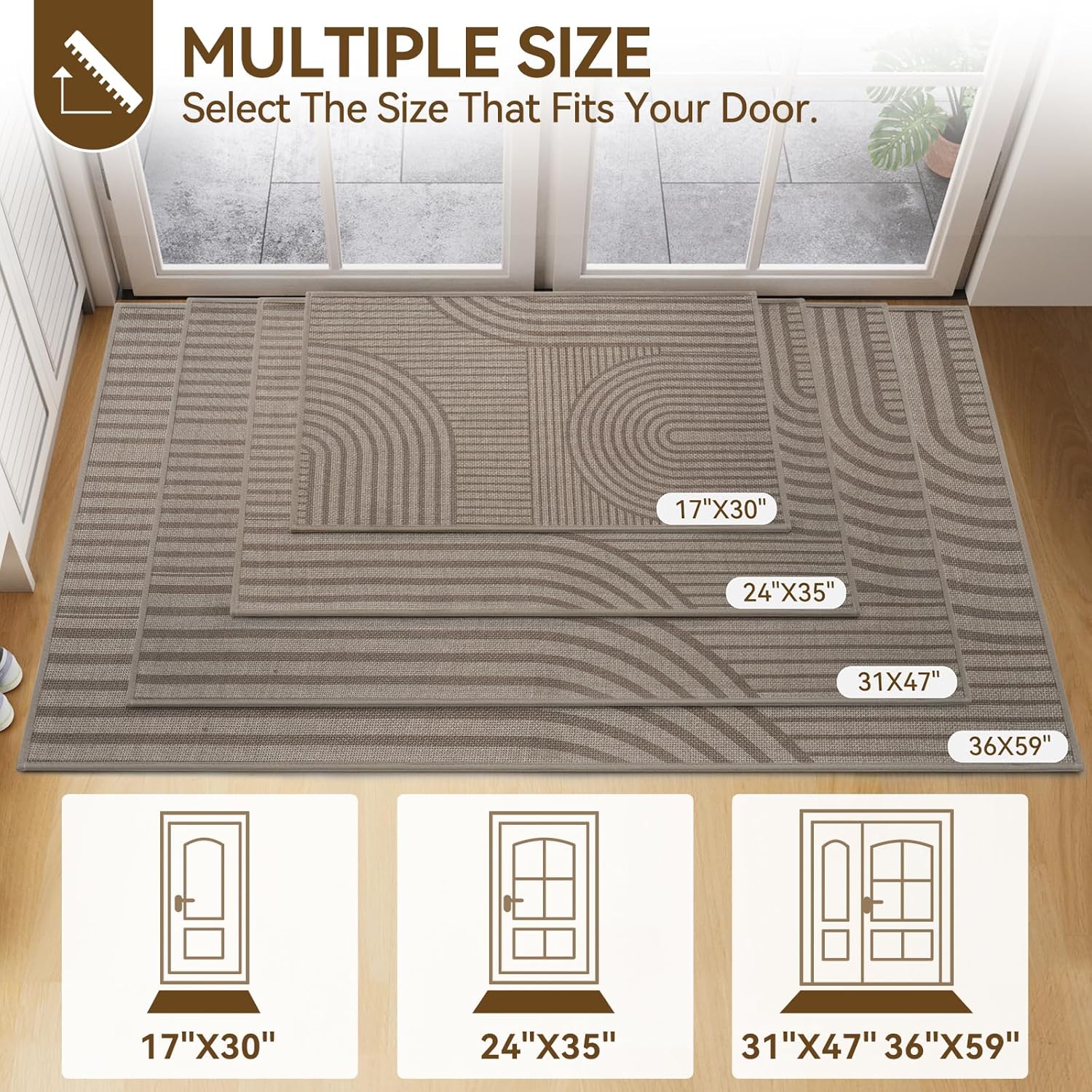 Front Door Mat 17''x30'', Absorbent Dirt Resist Washable Non Slip Low-Profile Indoor Doormat, Easy Clean Welcome Entryway Door Mats, Brown
