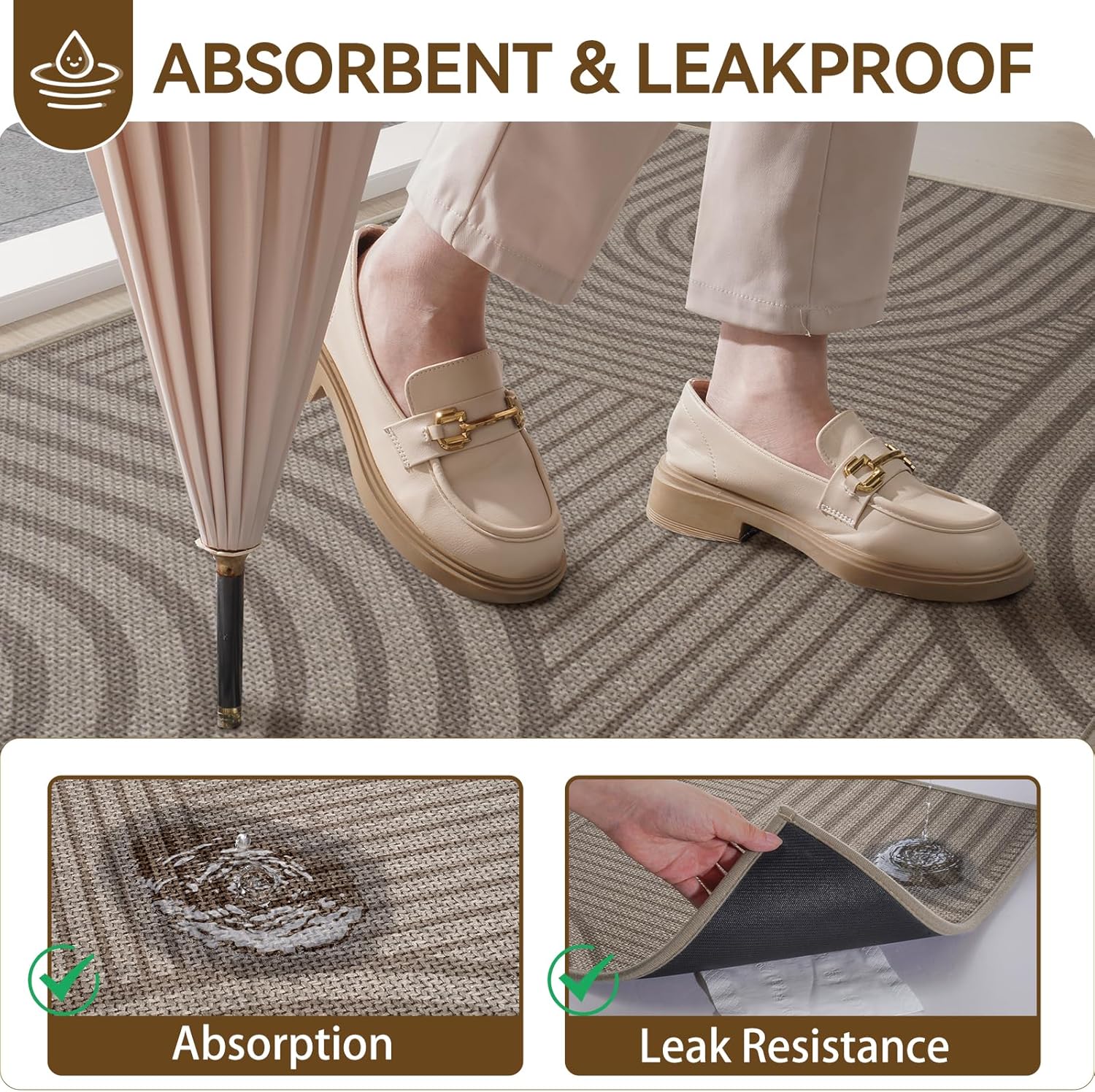 Front Door Mat 17''x30'', Absorbent Dirt Resist Washable Non Slip Low-Profile Indoor Doormat, Easy Clean Welcome Entryway Door Mats, Brown