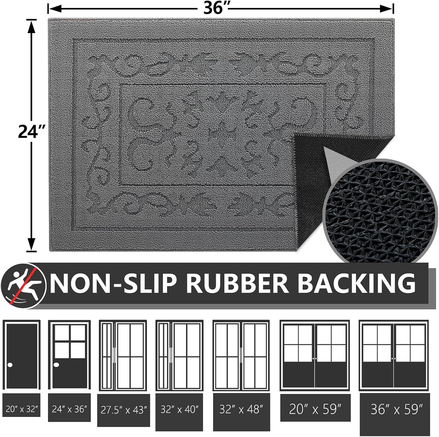 FONEYI Indoor Door Mat 24" x 36", Dirt Trapper Door Mats Non-Slip Entryway Rugs Washable, Absorbent Resist Dirt Welcome Mat, Low Profile Inside Floor Mats for Front Back Door and Entryway, Grey