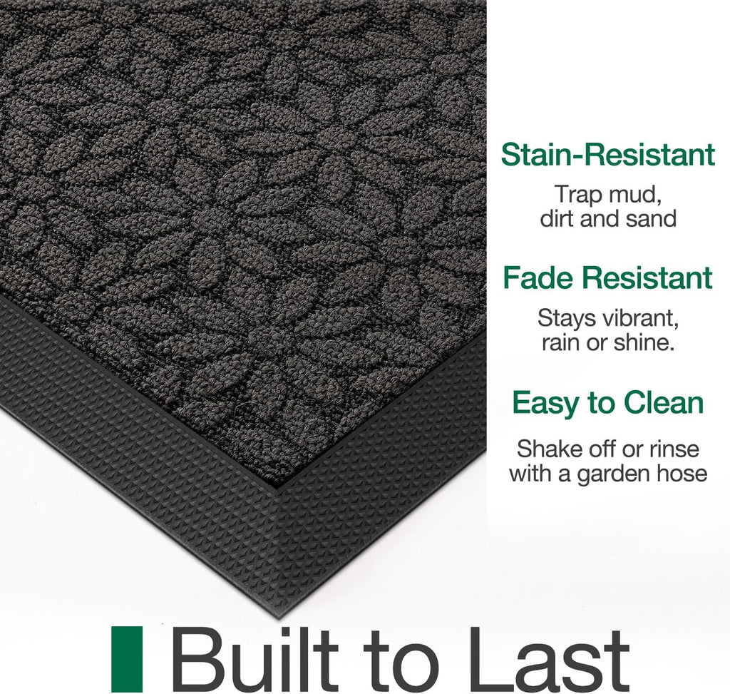 LUMI Premium Front Door Mat 20"x32", Non-Slip Heavy Duty Rubber Welcome Mats, Embroidered Tree Dirt Trapper Doormat for Indoor Outdoor Entryway, Porch, Patio, Grey Gold Daisy