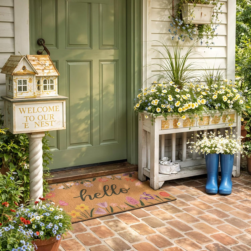 Spring Door Mat with Wildflowers Border, Outdoor Indoor Welcome Mat for Front Door, Spring Decor Floral Style for Porch, Patio or Entryway, 17" X 29.5" (Hello)