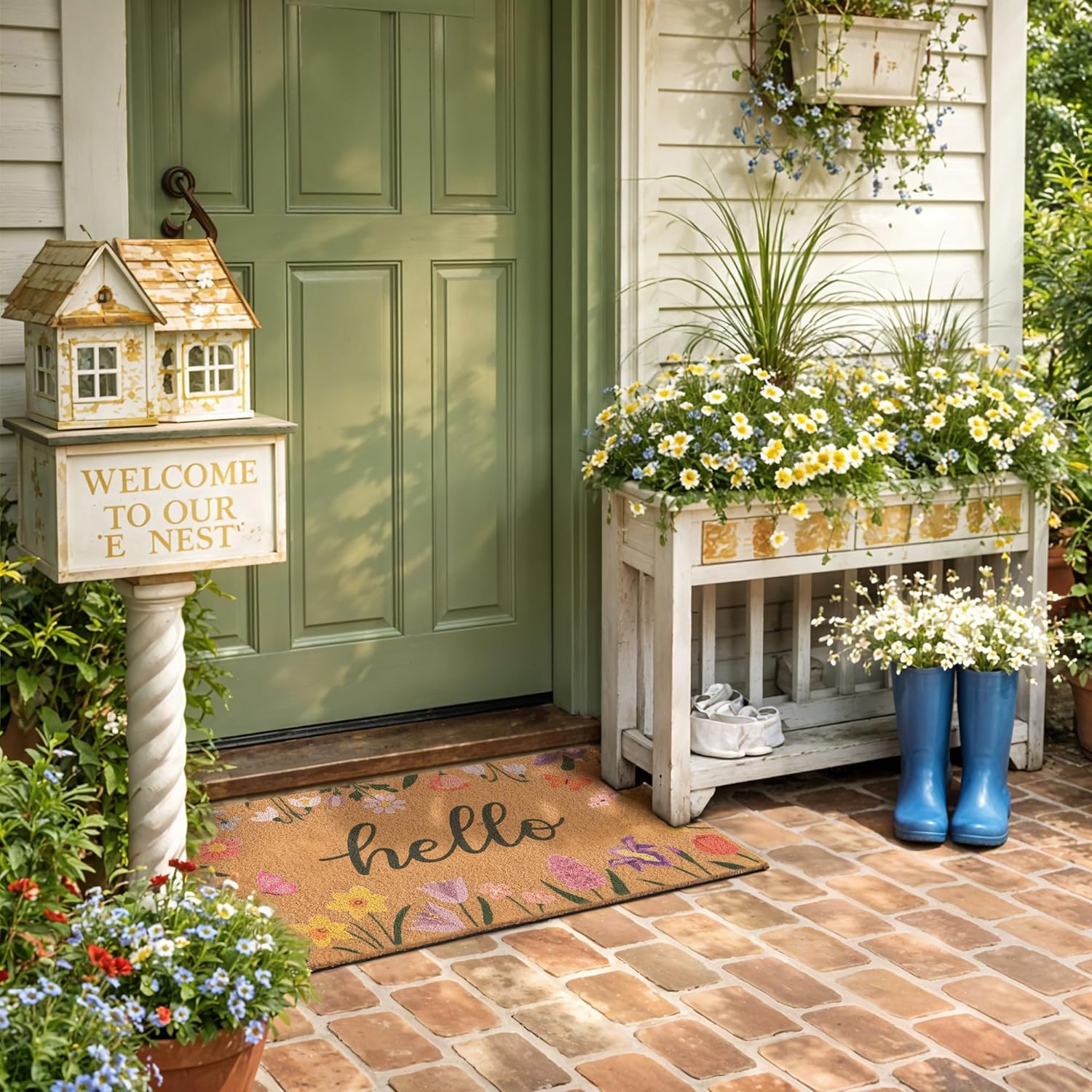 Spring Door Mat with Wildflowers Border, Outdoor Indoor Welcome Mat for Front Door, Spring Decor Floral Style for Porch, Patio or Entryway, 17" X 29.5" (Hello)