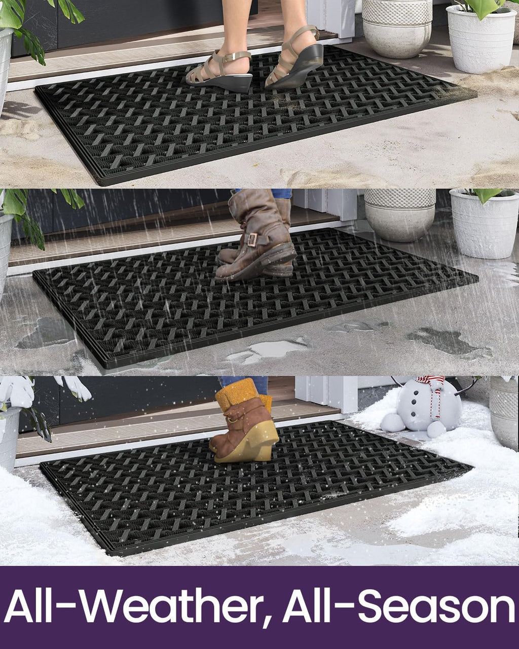 DEXI Front Door Mat Outside Entrance Rubber 19x30, Welcome Floor Doormat Heavy Duty Non Slip, Dirt Trapper Waterproof Exterior Entry Mats All Weather for Patio Entryway Drainage, Black