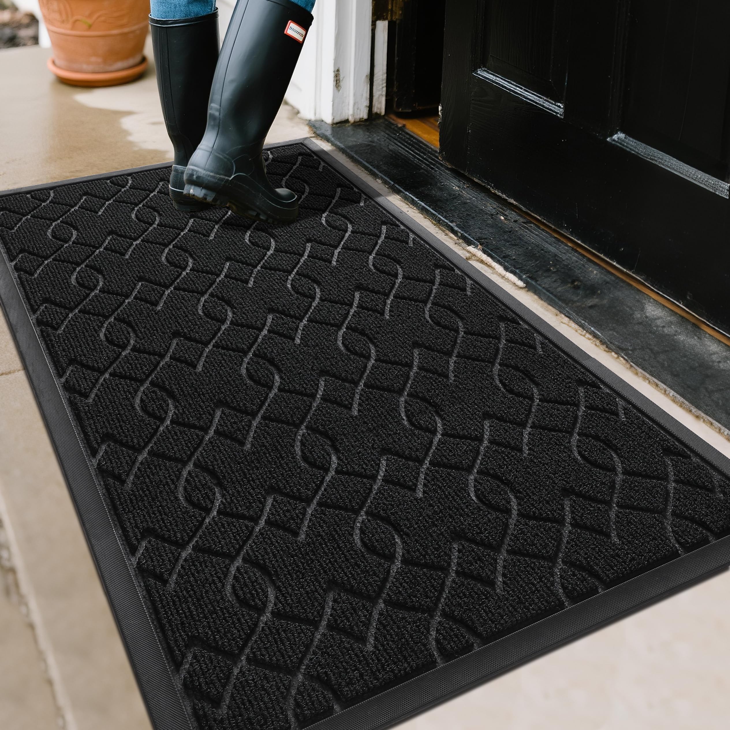 Yimobra Outdoor Mats for Front Door 29.5x17, All-Season Waterproof Doormat Outdoor Entrance, Heavy Duty Non-Slip Outside Door Mat for Garage Patio Proch Entryway Indoor, Black