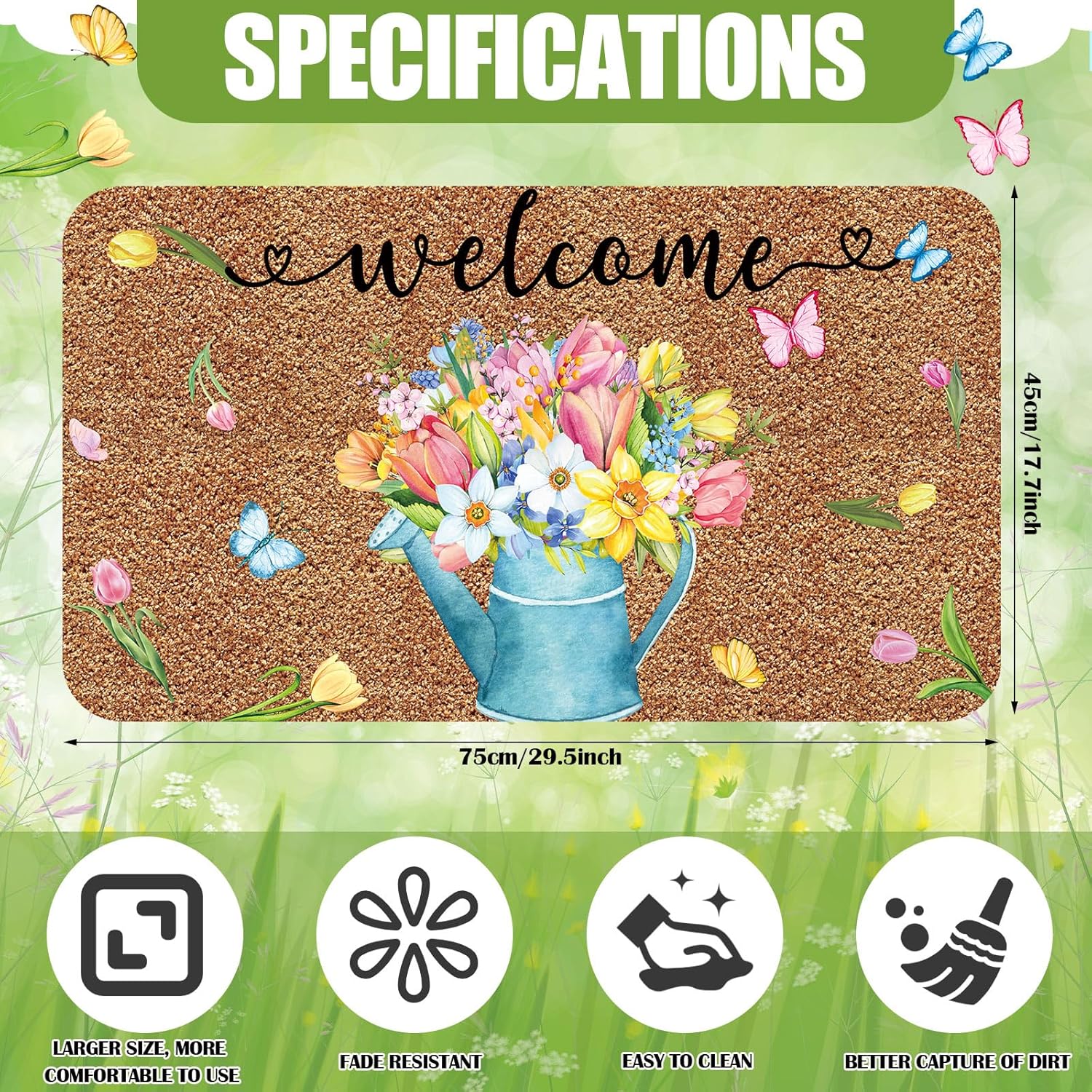 Doormat Coir Welcome Door Mat Colorful Print Floral Decoration Flower Indoor Outdoor Entrance Spring Non Slip Door Rugs for Front Easy Clean Entryway 29.5 x 17.7 Inch(Watering Pot)