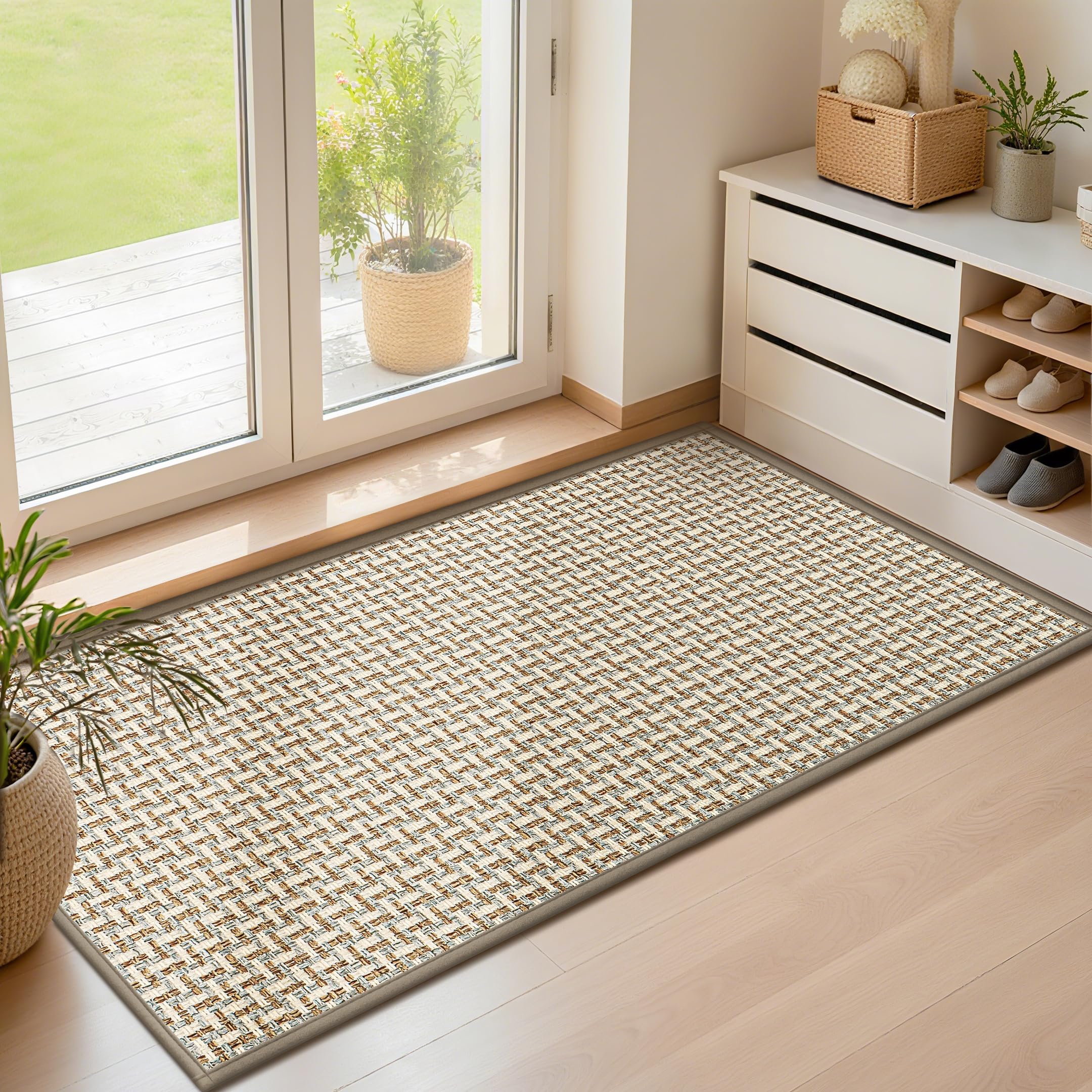 LEKEEPGO Ultra Thin Indoor Door Mat 17"x29", Low-Profile Door Mat Indoor Entrance, Non Slip Rubber Backing Inside Doormat Washable Welcome Front Entryway Dirt Trapper Entry Mat, Khaki