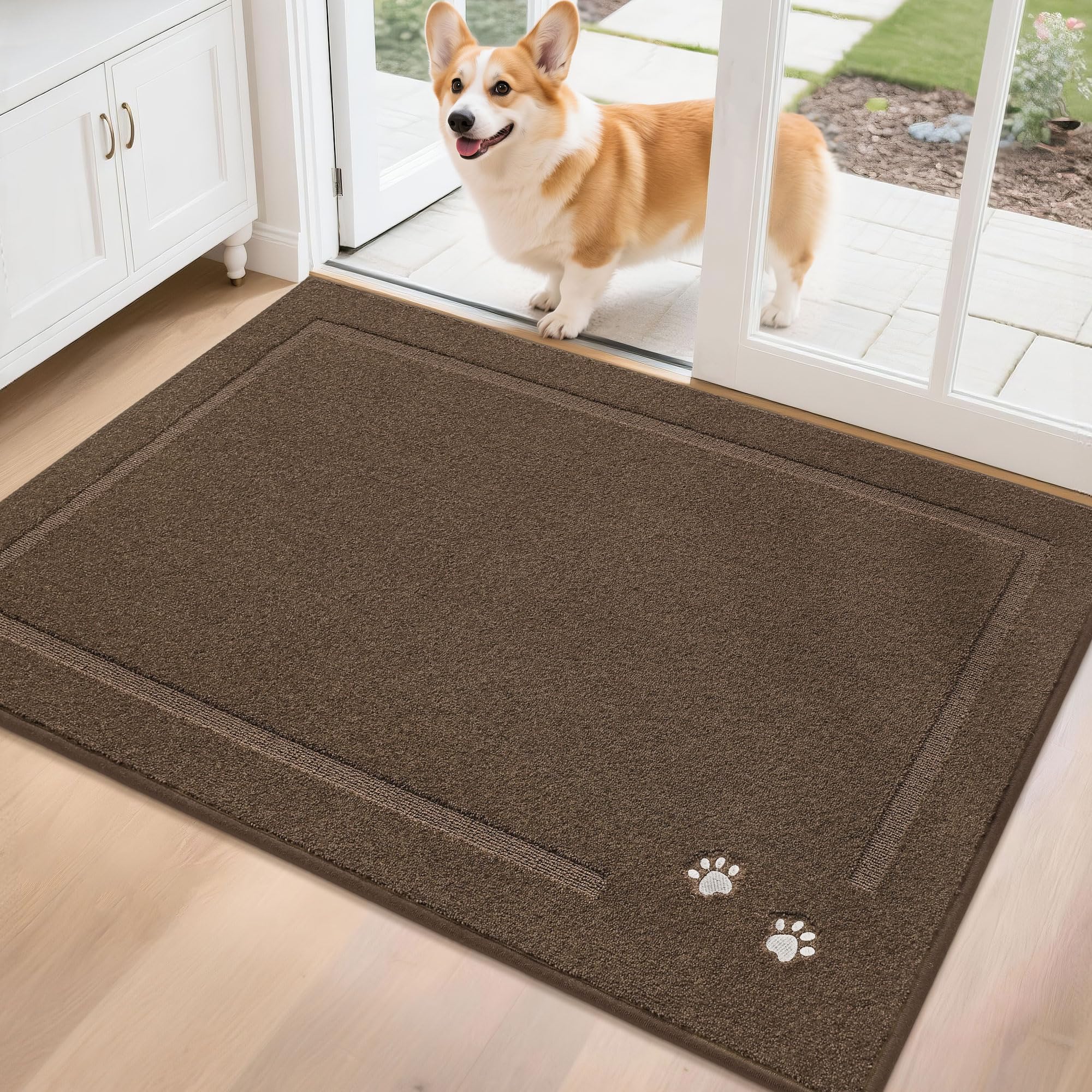 BEQHAUSE Dog Door Mat for Mud Paws Dirt Trapper Doormat Non-Slip Entryway Rugs Absorbent Welcome Mat Washable Indoor Floor Mat Low-Profile for Front Door, 32" x 48", Brown