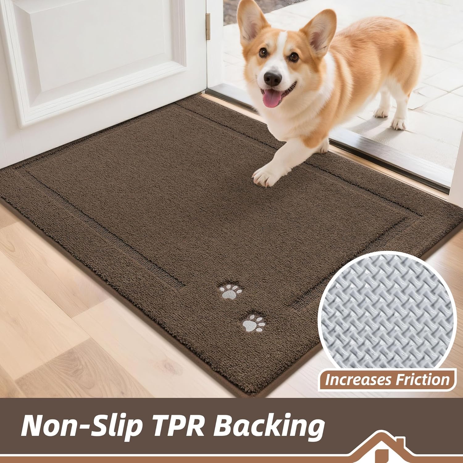 BEQHAUSE Dog Door Mat for Mud Paws Dirt Trapper Doormat Non-Slip Entryway Rugs Absorbent Welcome Mat Washable Indoor Floor Mat Low-Profile for Front Door, 32" x 48", Brown