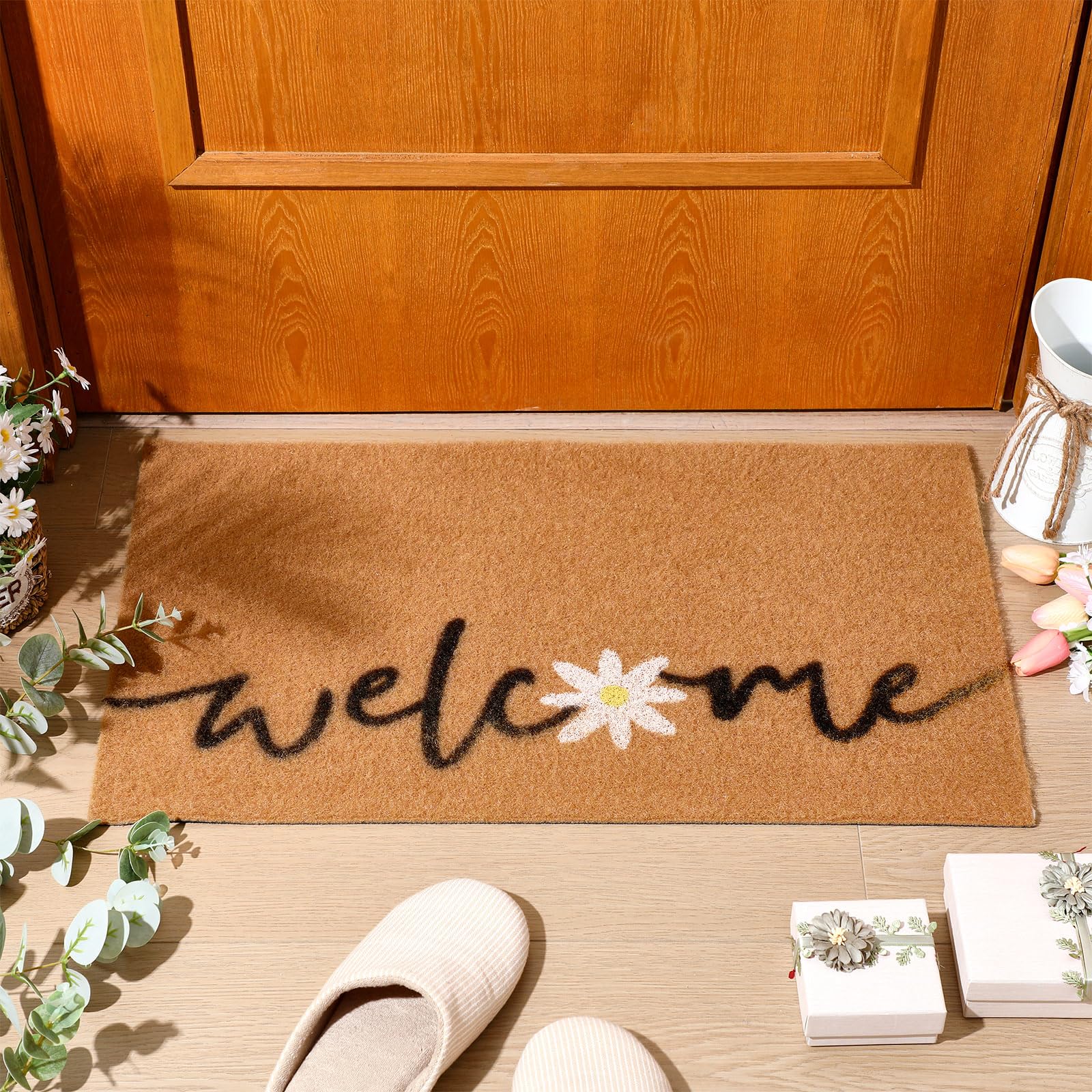 Doormat Coir Welcome Door Mat Colorful Print Floral Decoration Flower Indoor Outdoor Entrance Spring Non Slip Door Rugs for Front Easy Clean Entryway 29.5 x 17.7 Inch(Watering Pot)