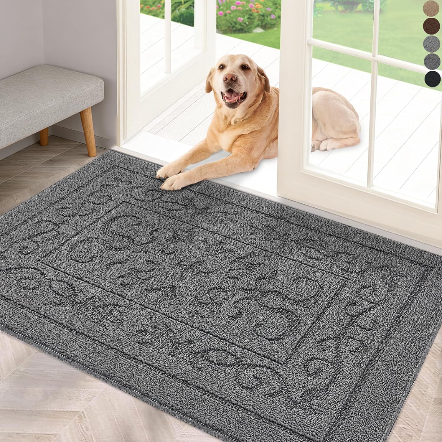 FONEYI Indoor Door Mat 24" x 36", Dirt Trapper Door Mats Non-Slip Entryway Rugs Washable, Absorbent Resist Dirt Welcome Mat, Low Profile Inside Floor Mats for Front Back Door and Entryway, Grey