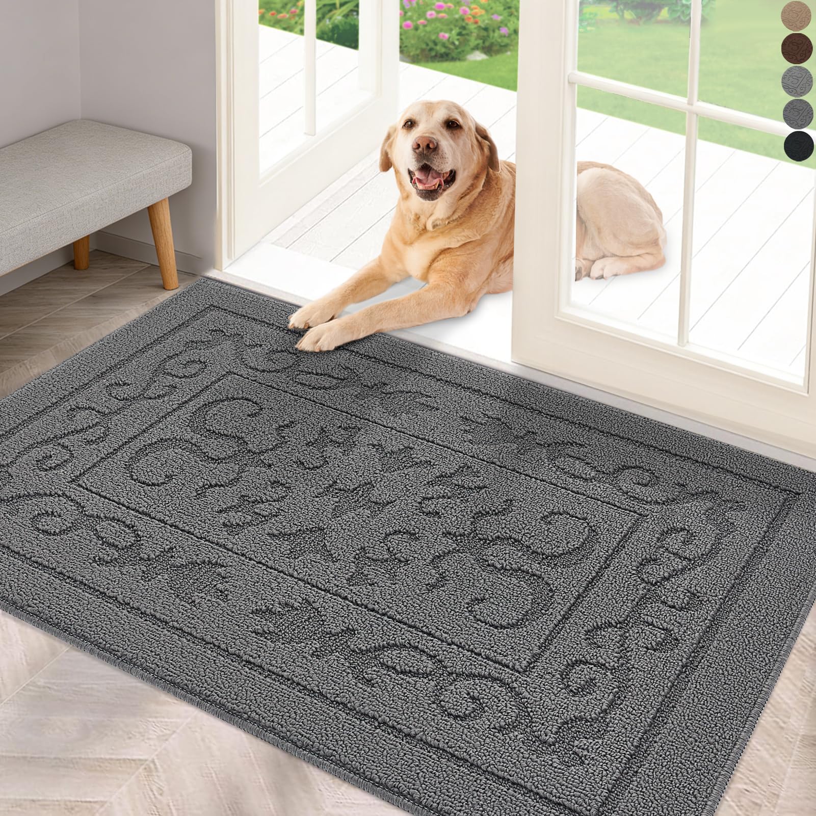 FONEYI Indoor Door Mat 24" x 36", Dirt Trapper Door Mats Non-Slip Entryway Rugs Washable, Absorbent Resist Dirt Welcome Mat, Low Profile Inside Floor Mats for Front Back Door and Entryway, Grey