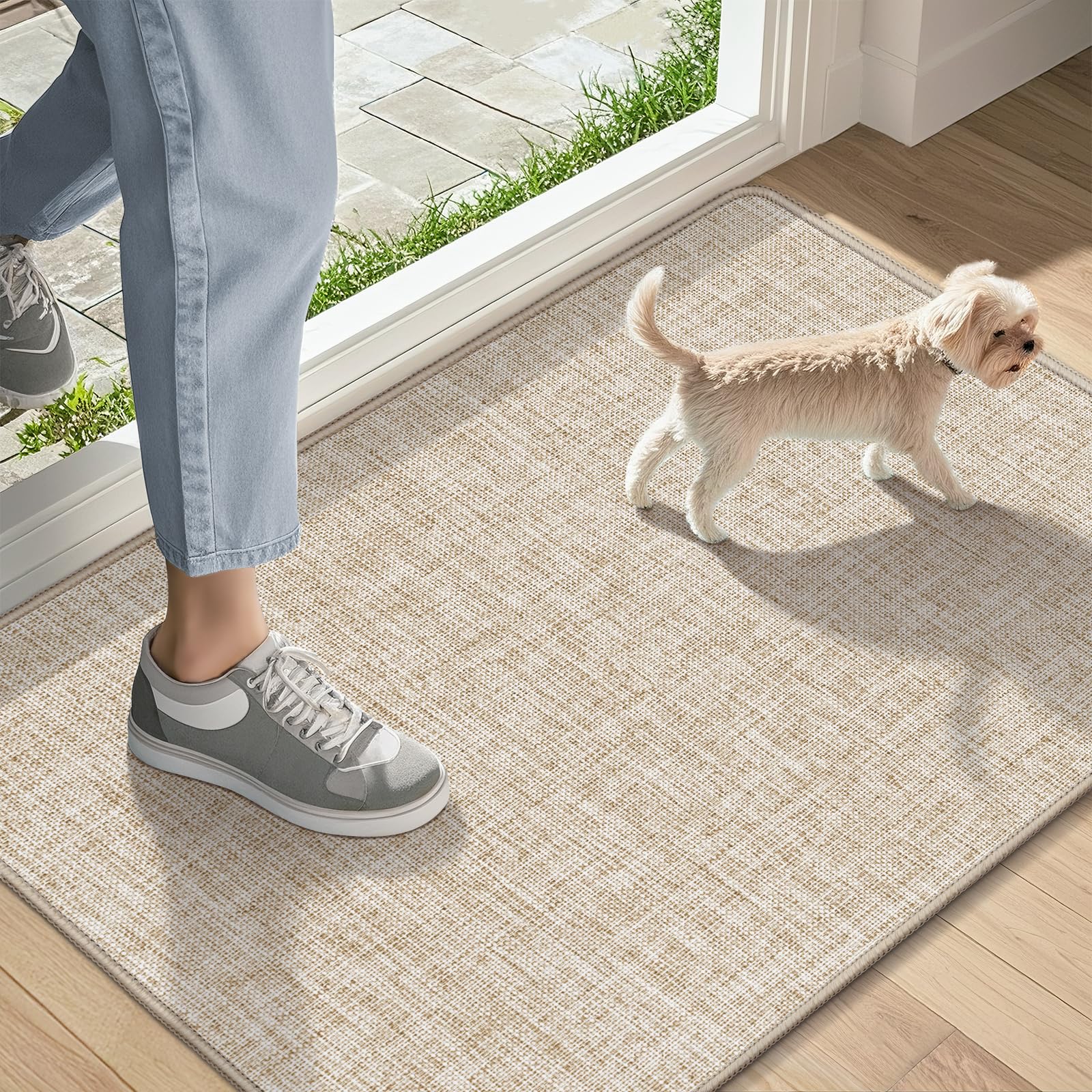 LEKEEPGO Ultra Thin Indoor Door Mat 17"x29", Low-Profile Door Mat Indoor Entrance, Non Slip Rubber Backing Inside Doormat Washable Welcome Front Entryway Dirt Trapper Entry Mat, Khaki