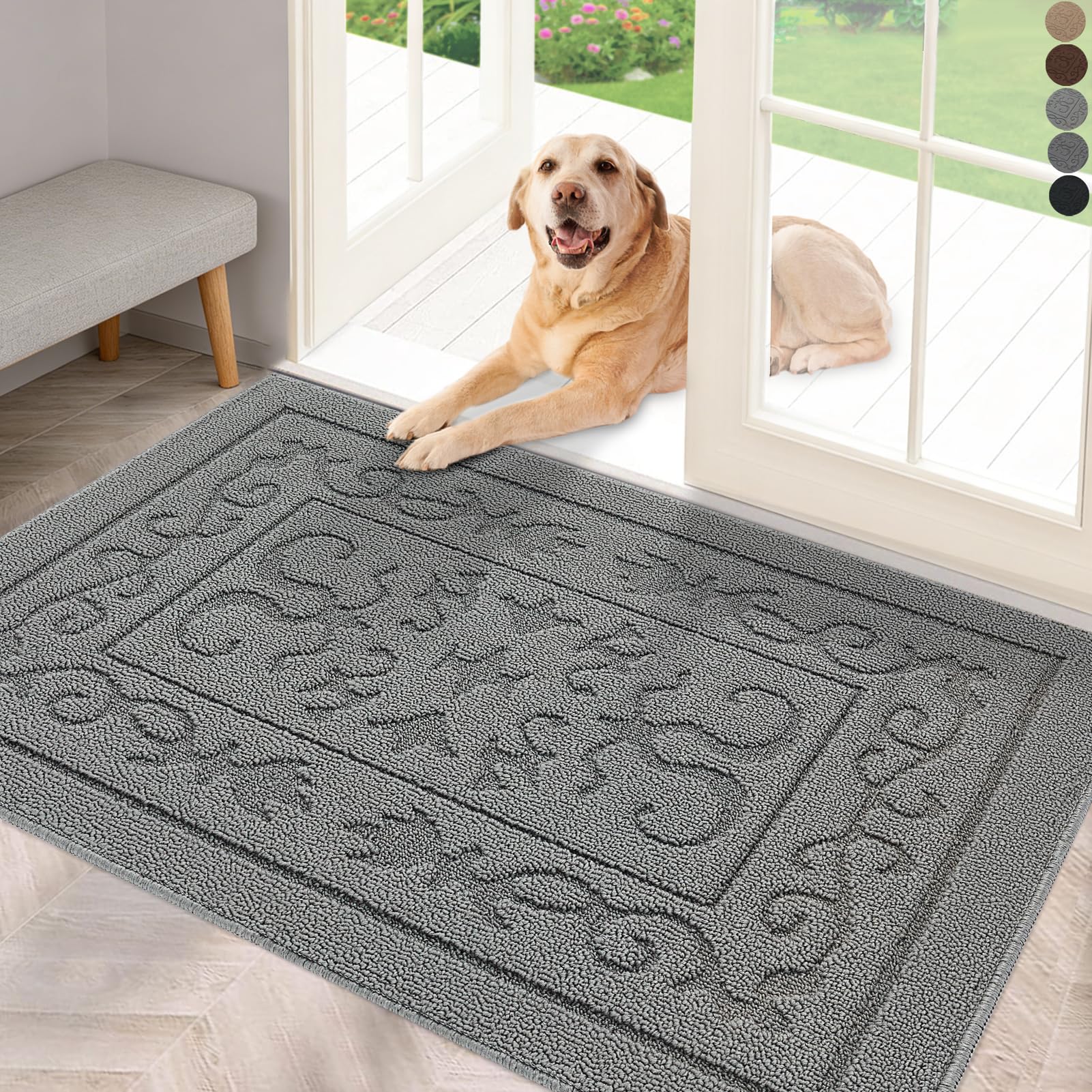 FONEYI Indoor Door Mat 24" x 36", Dirt Trapper Door Mats Non-Slip Entryway Rugs Washable, Absorbent Resist Dirt Welcome Mat, Low Profile Inside Floor Mats for Front Back Door and Entryway, Grey