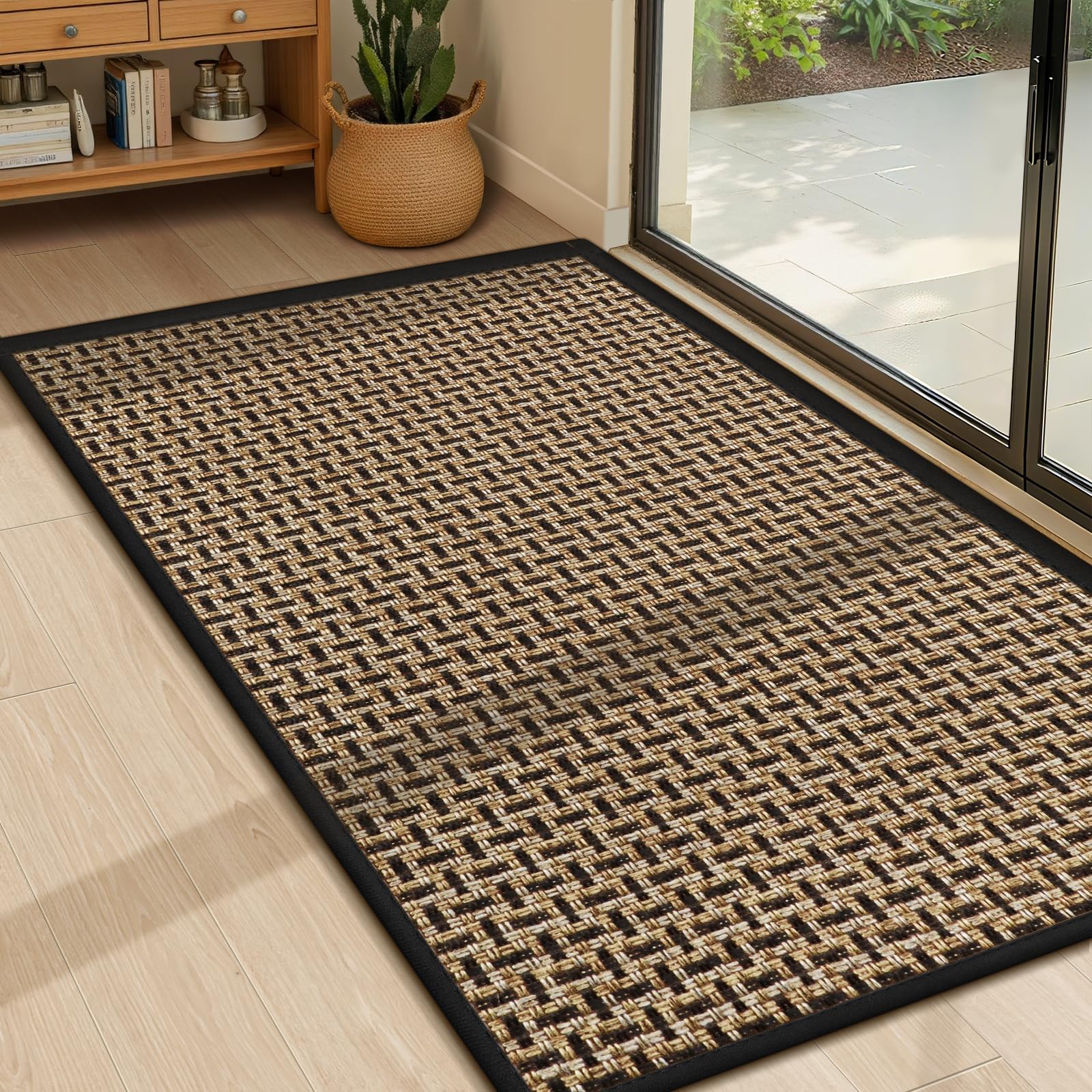 LEKEEPGO Ultra Thin Indoor Door Mat 17"x29", Low-Profile Door Mat Indoor Entrance, Non Slip Rubber Backing Inside Doormat Washable Welcome Front Entryway Dirt Trapper Entry Mat, Khaki