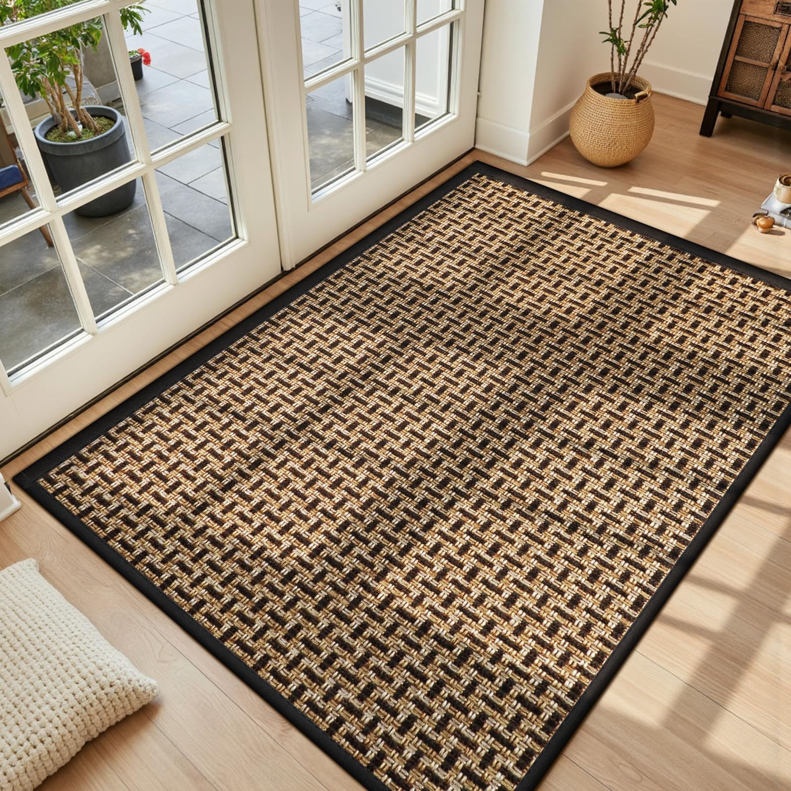 LEKEEPGO Ultra Thin Indoor Door Mat 17"x29", Low-Profile Door Mat Indoor Entrance, Non Slip Rubber Backing Inside Doormat Washable Welcome Front Entryway Dirt Trapper Entry Mat, Khaki