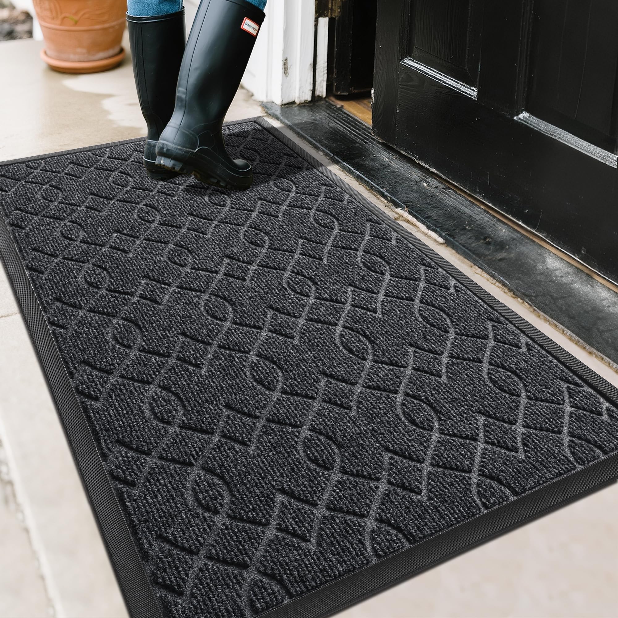 Yimobra Outdoor Mats for Front Door 29.5x17, All-Season Waterproof Doormat Outdoor Entrance, Heavy Duty Non-Slip Outside Door Mat for Garage Patio Proch Entryway Indoor, Black