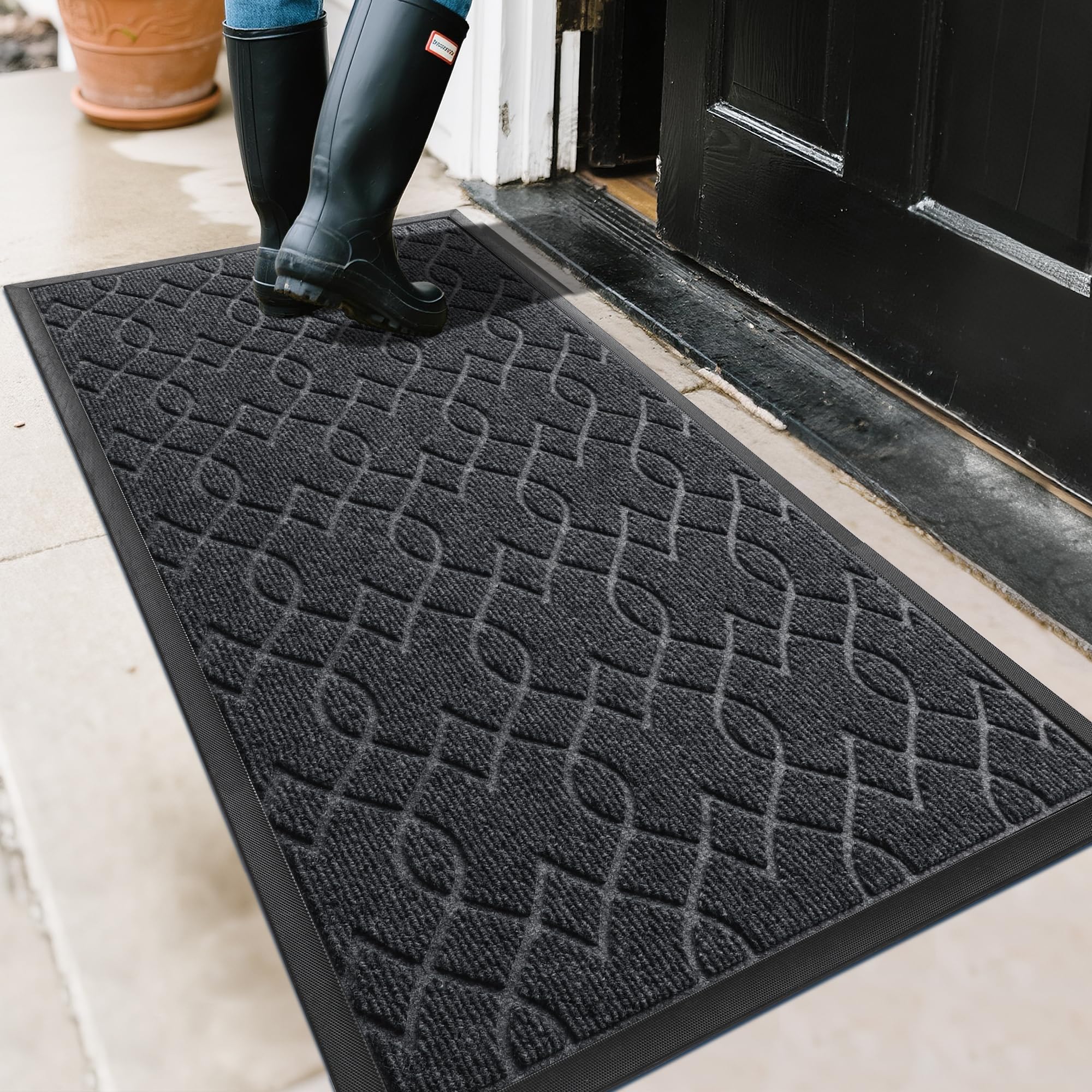 Yimobra Outdoor Mats for Front Door 29.5x17, All-Season Waterproof Doormat Outdoor Entrance, Heavy Duty Non-Slip Outside Door Mat for Garage Patio Proch Entryway Indoor, Black
