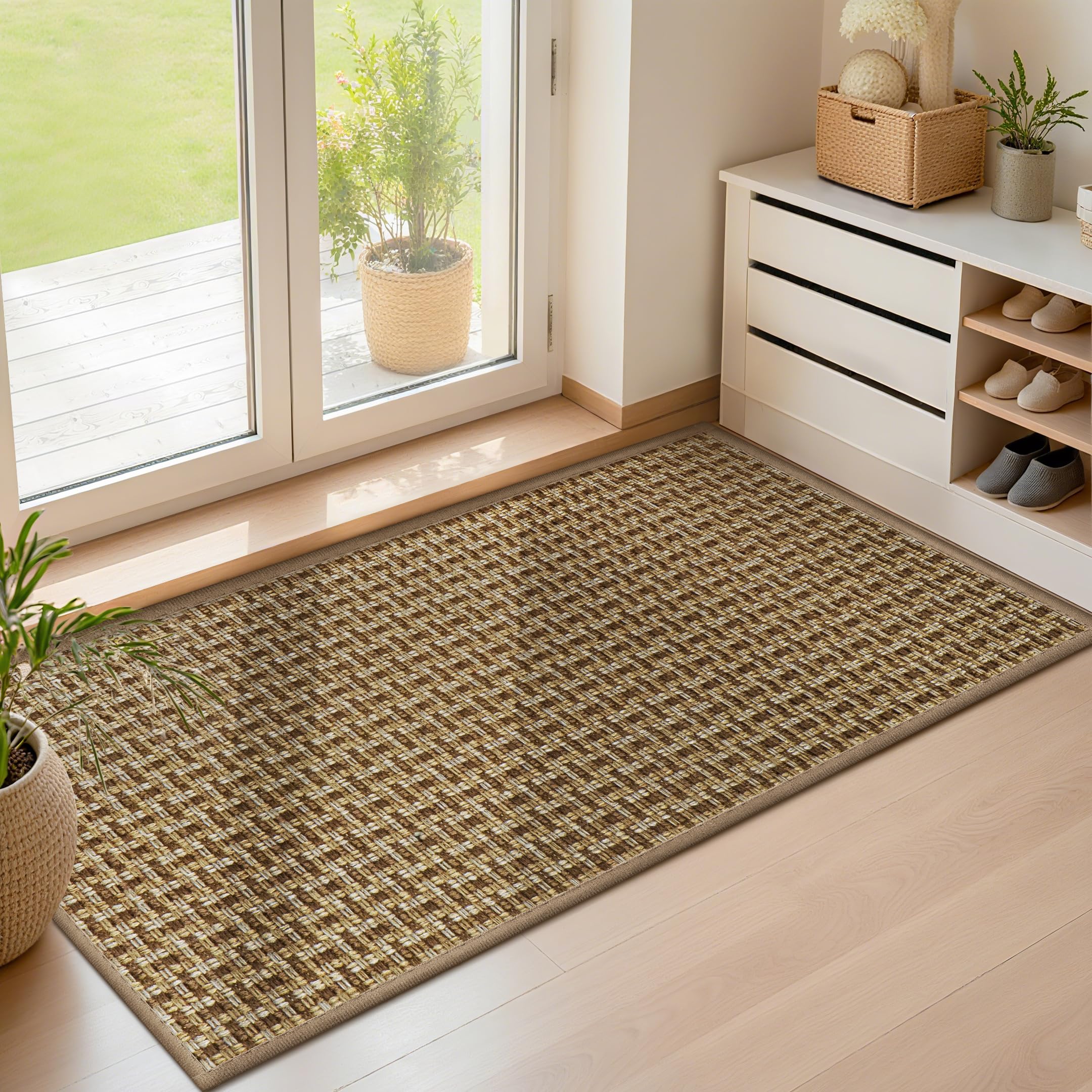 LEKEEPGO Ultra Thin Indoor Door Mat 17"x29", Low-Profile Door Mat Indoor Entrance, Non Slip Rubber Backing Inside Doormat Washable Welcome Front Entryway Dirt Trapper Entry Mat, Khaki