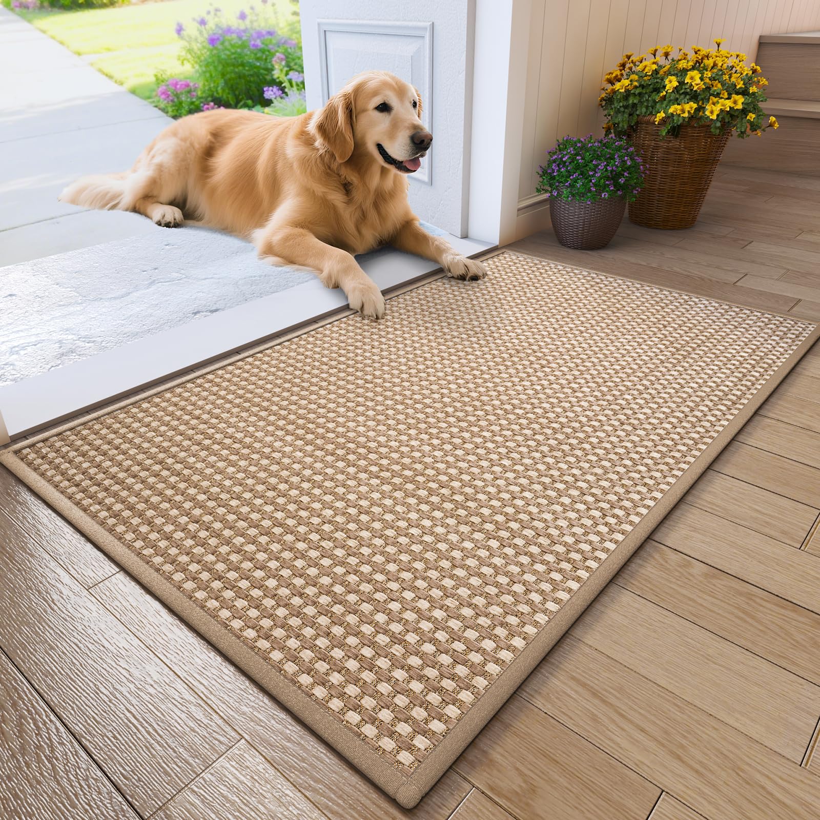Front Door Mat 17''x30'', Absorbent Dirt Resist Washable Non Slip Low-Profile Indoor Doormat, Easy Clean Welcome Entryway Door Mats, Brown