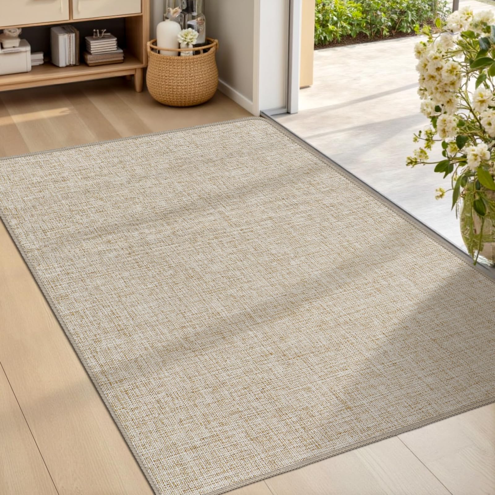 LEKEEPGO Ultra Thin Indoor Door Mat 17"x29", Low-Profile Door Mat Indoor Entrance, Non Slip Rubber Backing Inside Doormat Washable Welcome Front Entryway Dirt Trapper Entry Mat, Khaki