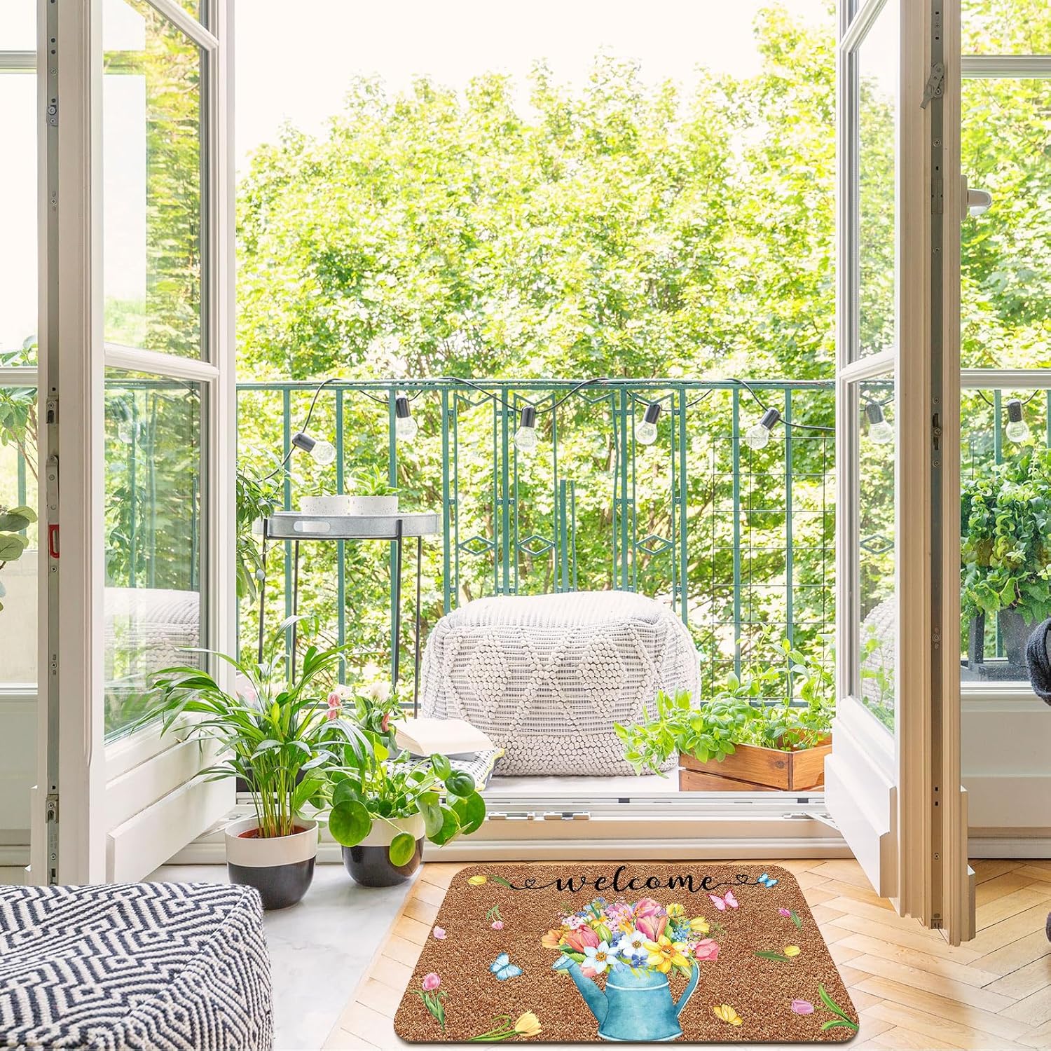 Doormat Coir Welcome Door Mat Colorful Print Floral Decoration Flower Indoor Outdoor Entrance Spring Non Slip Door Rugs for Front Easy Clean Entryway 29.5 x 17.7 Inch(Watering Pot)