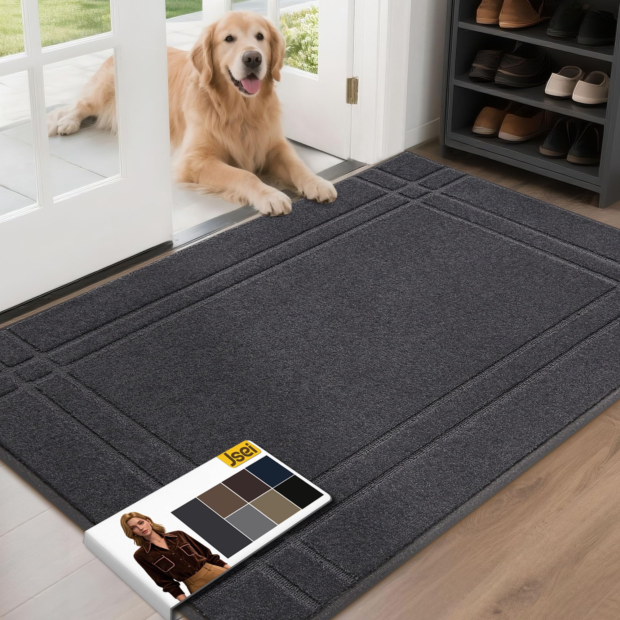 JSEI Entryway Rugs Doormat 32"x48", Non-Slip Dirt Trapper Door Mats Indoor, Washable Absorbent and Stain Resist Welcome Floor Mat for Front Door, Dog Door Mat, Dirty Wet Shoes & Paws, Navy Blue