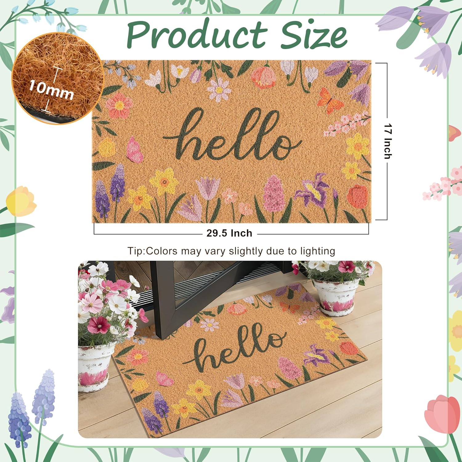 Spring Door Mat with Wildflowers Border, Outdoor Indoor Welcome Mat for Front Door, Spring Decor Floral Style for Porch, Patio or Entryway, 17" X 29.5" (Hello)