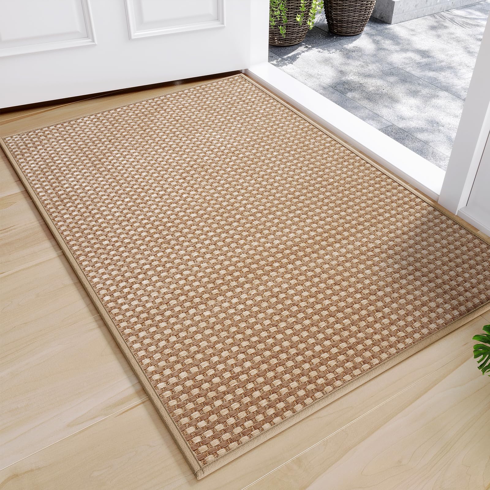 Front Door Mat 17''x30'', Absorbent Dirt Resist Washable Non Slip Low-Profile Indoor Doormat, Easy Clean Welcome Entryway Door Mats, Brown