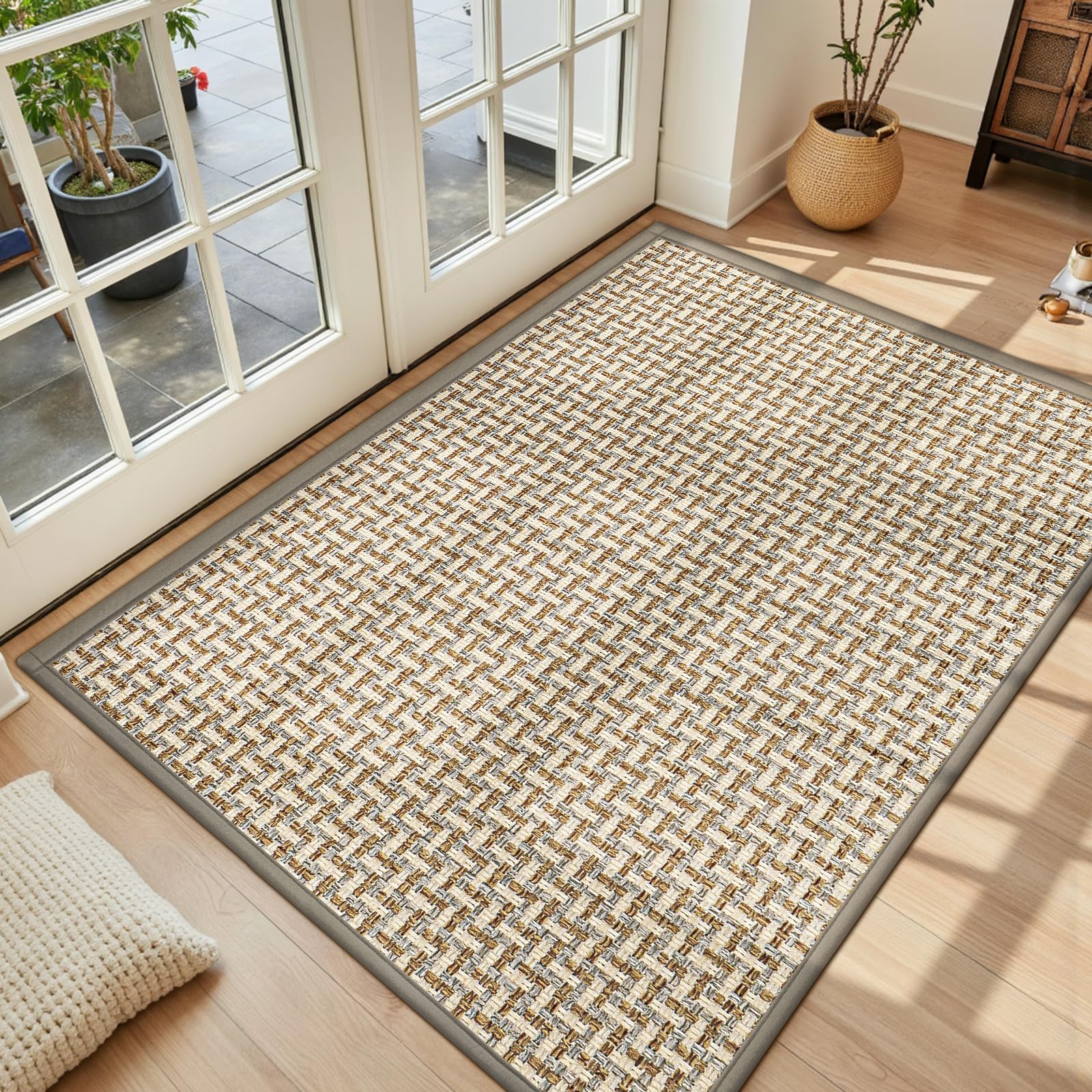 LEKEEPGO Ultra Thin Indoor Door Mat 17"x29", Low-Profile Door Mat Indoor Entrance, Non Slip Rubber Backing Inside Doormat Washable Welcome Front Entryway Dirt Trapper Entry Mat, Khaki