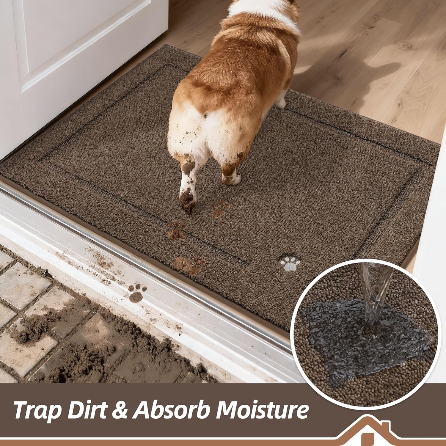BEQHAUSE Dog Door Mat for Mud Paws Dirt Trapper Doormat Non-Slip Entryway Rugs Absorbent Welcome Mat Washable Indoor Floor Mat Low-Profile for Front Door, 32" x 48", Brown