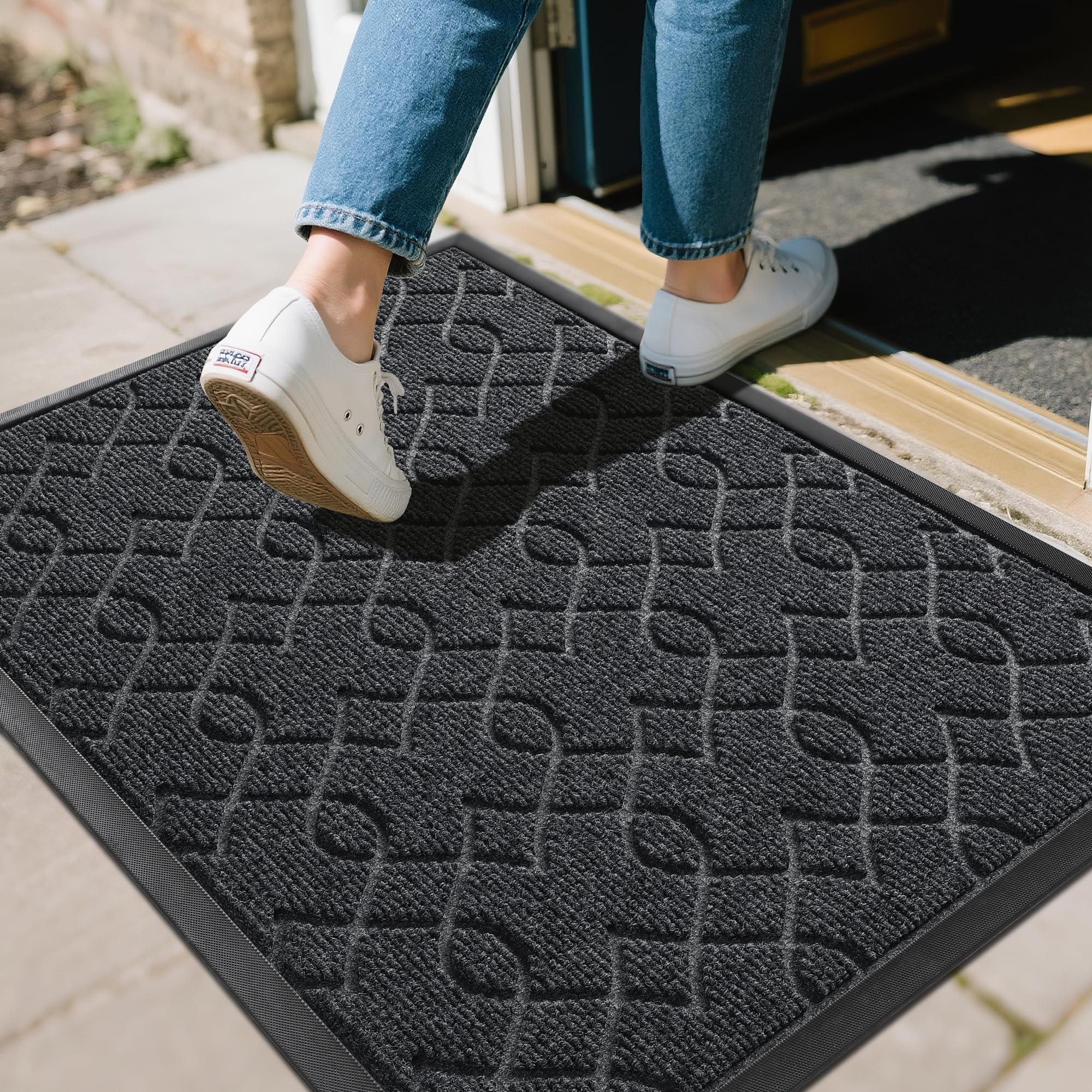 Yimobra Outdoor Mats for Front Door 29.5x17, All-Season Waterproof Doormat Outdoor Entrance, Heavy Duty Non-Slip Outside Door Mat for Garage Patio Proch Entryway Indoor, Black