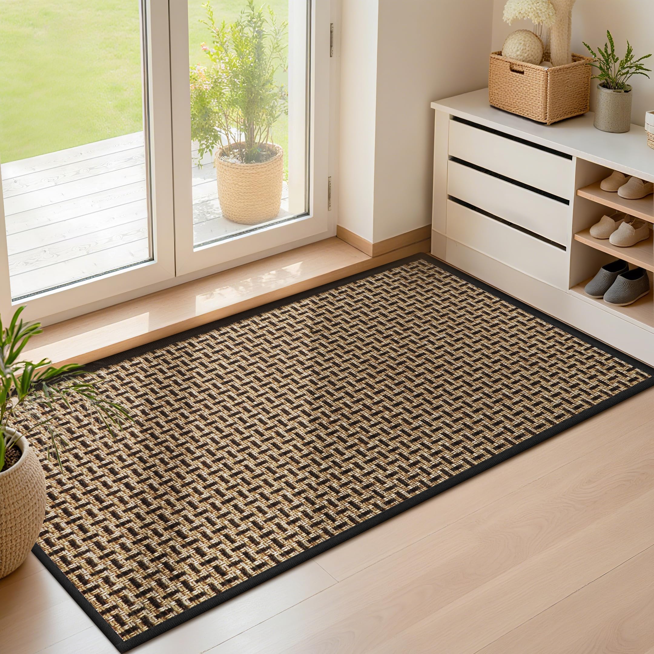 LEKEEPGO Ultra Thin Indoor Door Mat 17"x29", Low-Profile Door Mat Indoor Entrance, Non Slip Rubber Backing Inside Doormat Washable Welcome Front Entryway Dirt Trapper Entry Mat, Khaki