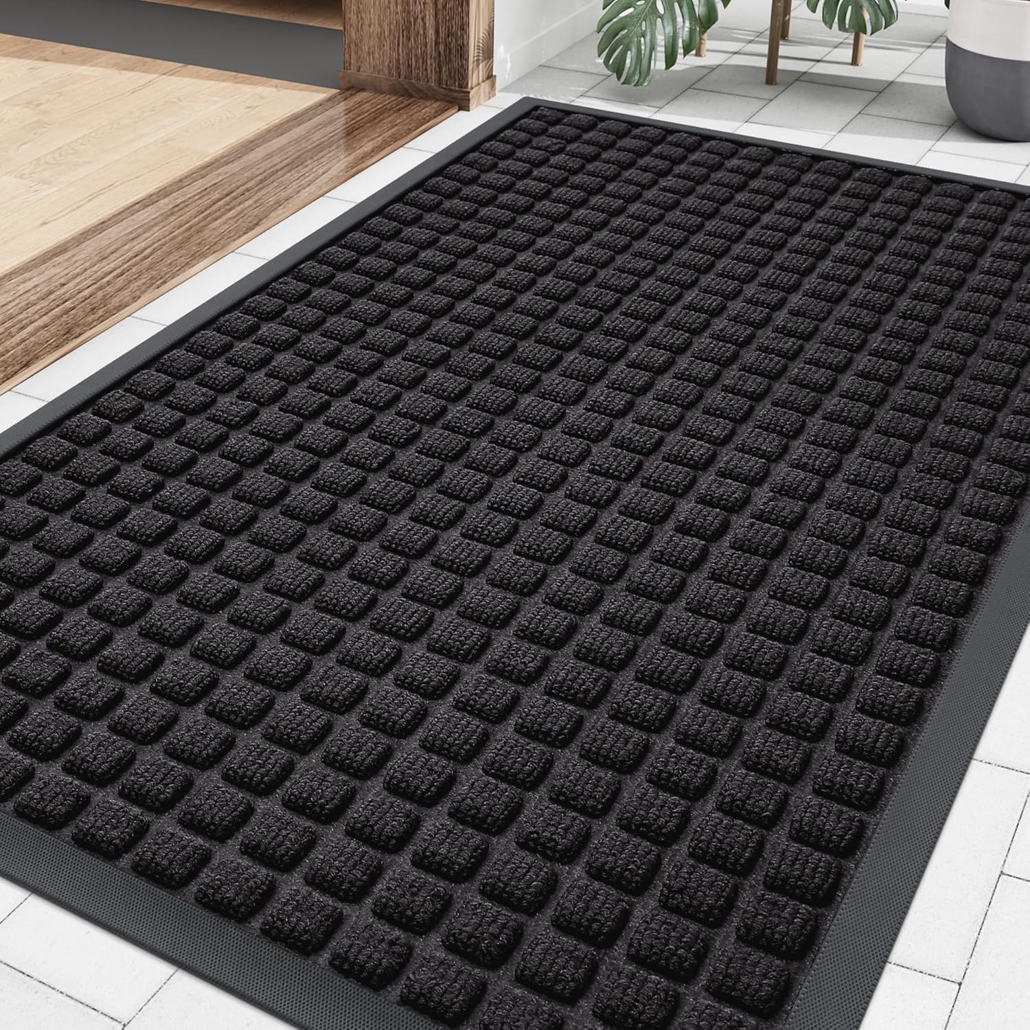 Smiry Front Door Mat Outside Entrance, Heavy Duty Natural Rubber Doormat, Non Slip, Trap Dirt and Moisture, Easy Clean, Low Profile Welcome Floor Mats for Indoor Outdoor Entry, 29.5x17 Inch, Black