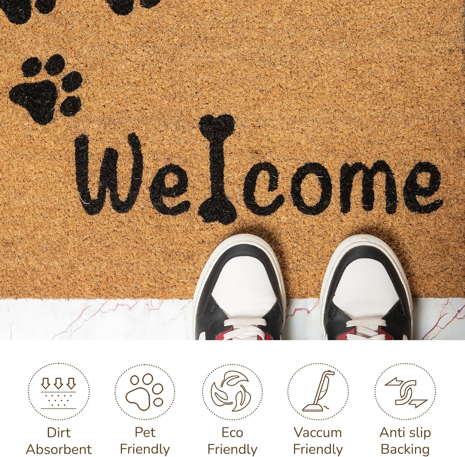 Coir Doormat, Front Doormat with Non-Slip PVC Backing, Printed Indoor Outdoor Welcome Mats for Home & Office, Door Mat, Entrance Mats with Paws Print, 30”x17”, Beige & Black