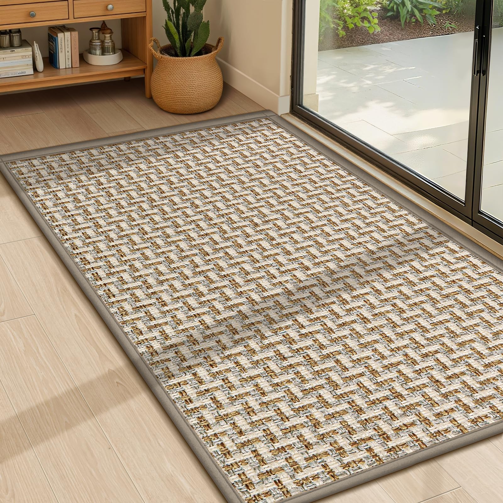 LEKEEPGO Ultra Thin Indoor Door Mat 17"x29", Low-Profile Door Mat Indoor Entrance, Non Slip Rubber Backing Inside Doormat Washable Welcome Front Entryway Dirt Trapper Entry Mat, Khaki