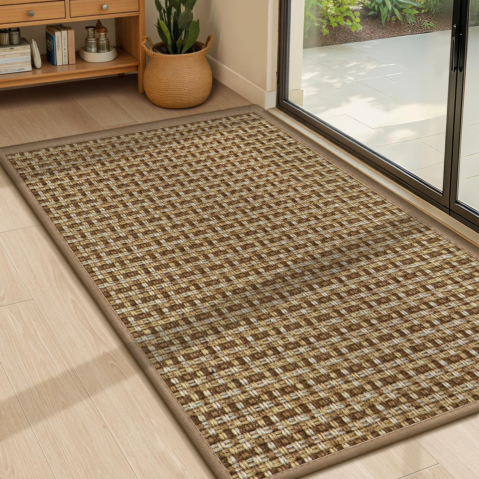 LEKEEPGO Ultra Thin Indoor Door Mat 17"x29", Low-Profile Door Mat Indoor Entrance, Non Slip Rubber Backing Inside Doormat Washable Welcome Front Entryway Dirt Trapper Entry Mat, Khaki