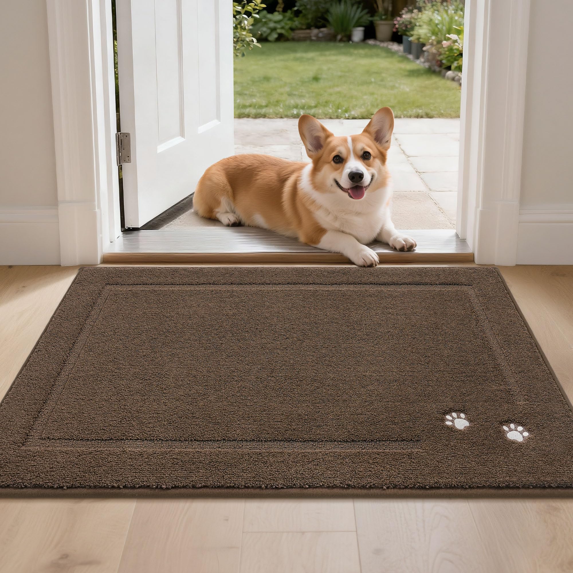 BEQHAUSE Dog Door Mat for Mud Paws Dirt Trapper Doormat Non-Slip Entryway Rugs Absorbent Welcome Mat Washable Indoor Floor Mat Low-Profile for Front Door, 32" x 48", Brown