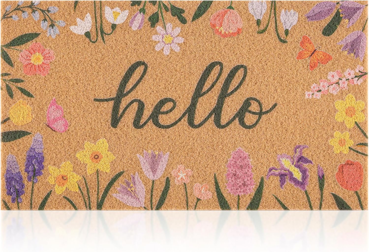 Spring Door Mat with Wildflowers Border, Outdoor Indoor Welcome Mat for Front Door, Spring Decor Floral Style for Porch, Patio or Entryway, 17" X 29.5" (Hello)