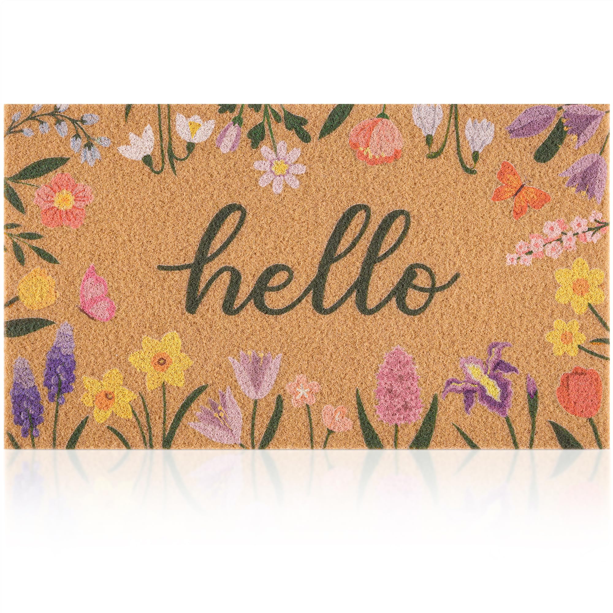 Spring Door Mat with Wildflowers Border, Outdoor Indoor Welcome Mat for Front Door, Spring Decor Floral Style for Porch, Patio or Entryway, 17" X 29.5" (Hello)