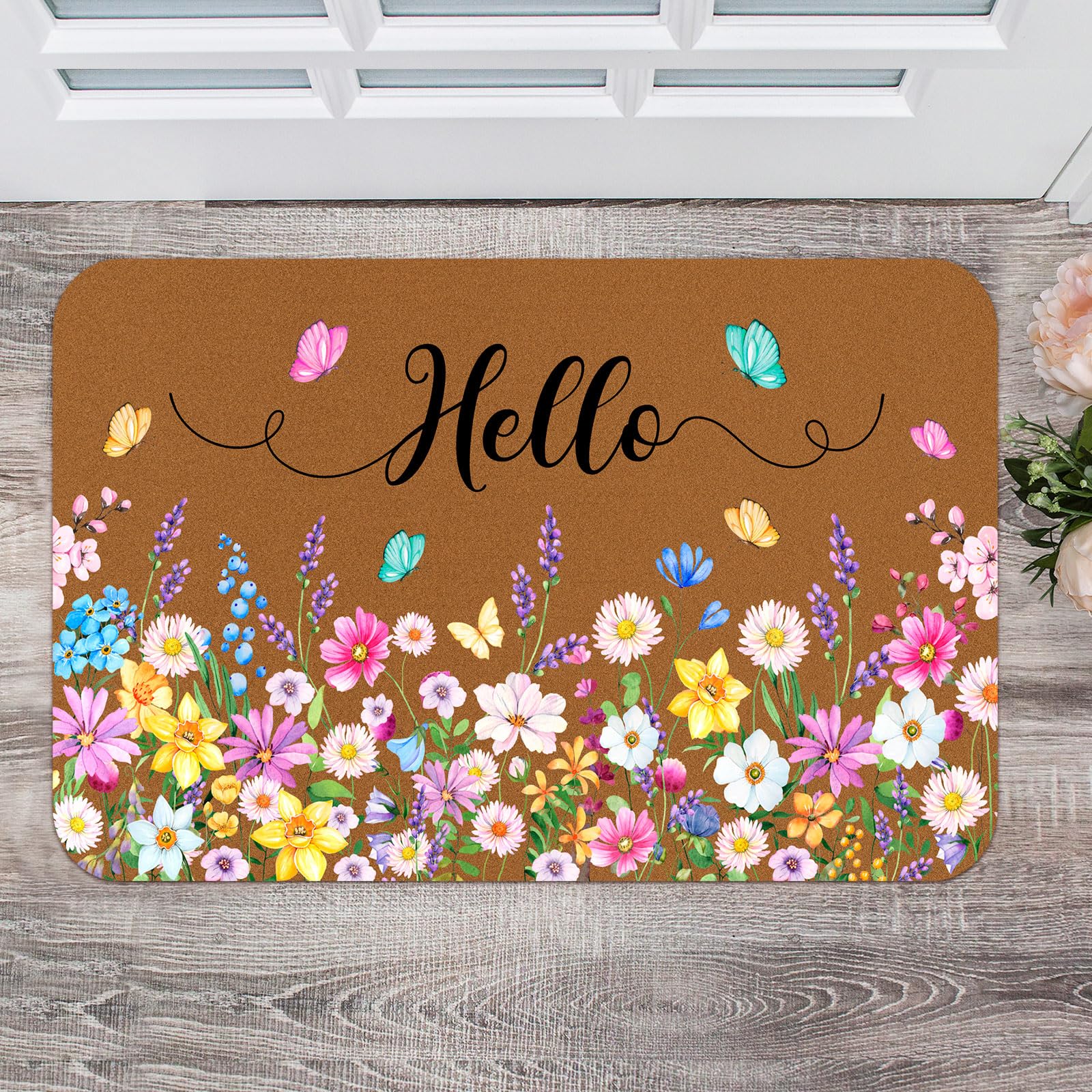 Doormat Coir Welcome Door Mat Colorful Print Floral Decoration Flower Indoor Outdoor Entrance Spring Non Slip Door Rugs for Front Easy Clean Entryway 29.5 x 17.7 Inch(Watering Pot)