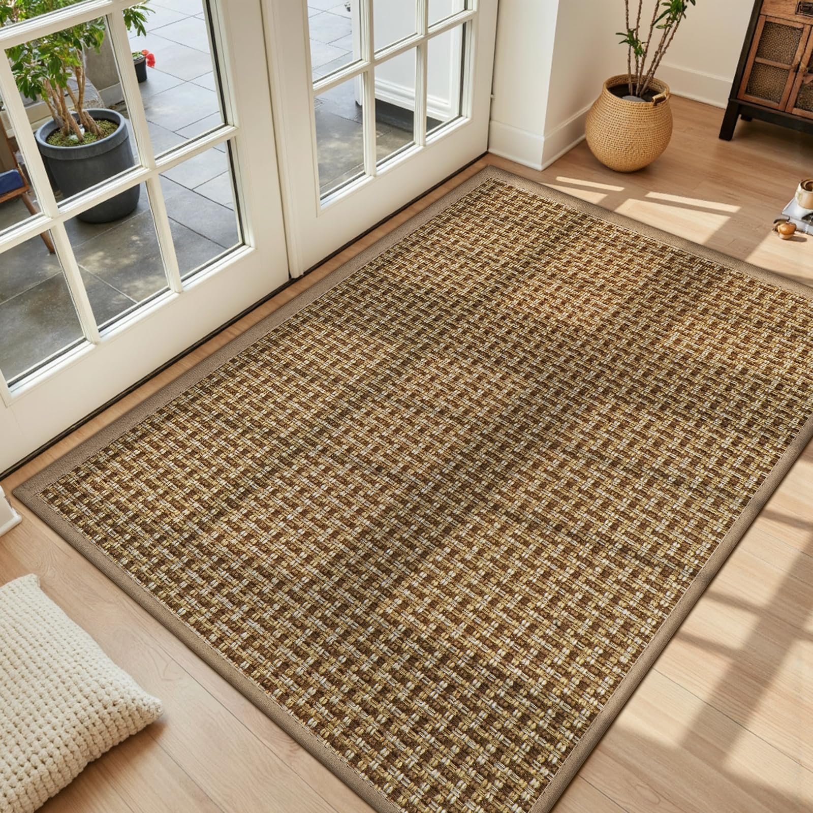 LEKEEPGO Ultra Thin Indoor Door Mat 17"x29", Low-Profile Door Mat Indoor Entrance, Non Slip Rubber Backing Inside Doormat Washable Welcome Front Entryway Dirt Trapper Entry Mat, Khaki