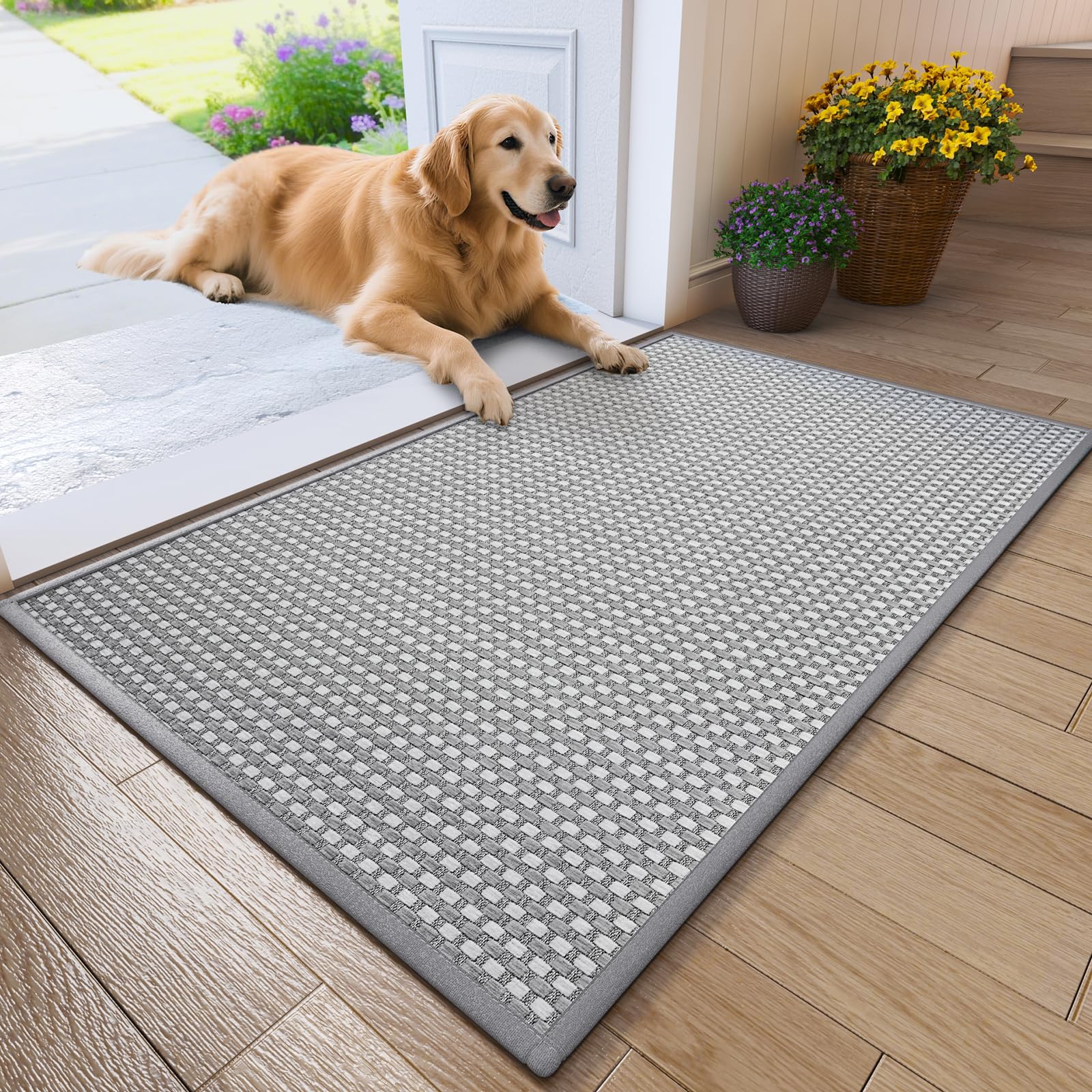 Front Door Mat 17''x30'', Absorbent Dirt Resist Washable Non Slip Low-Profile Indoor Doormat, Easy Clean Welcome Entryway Door Mats, Brown